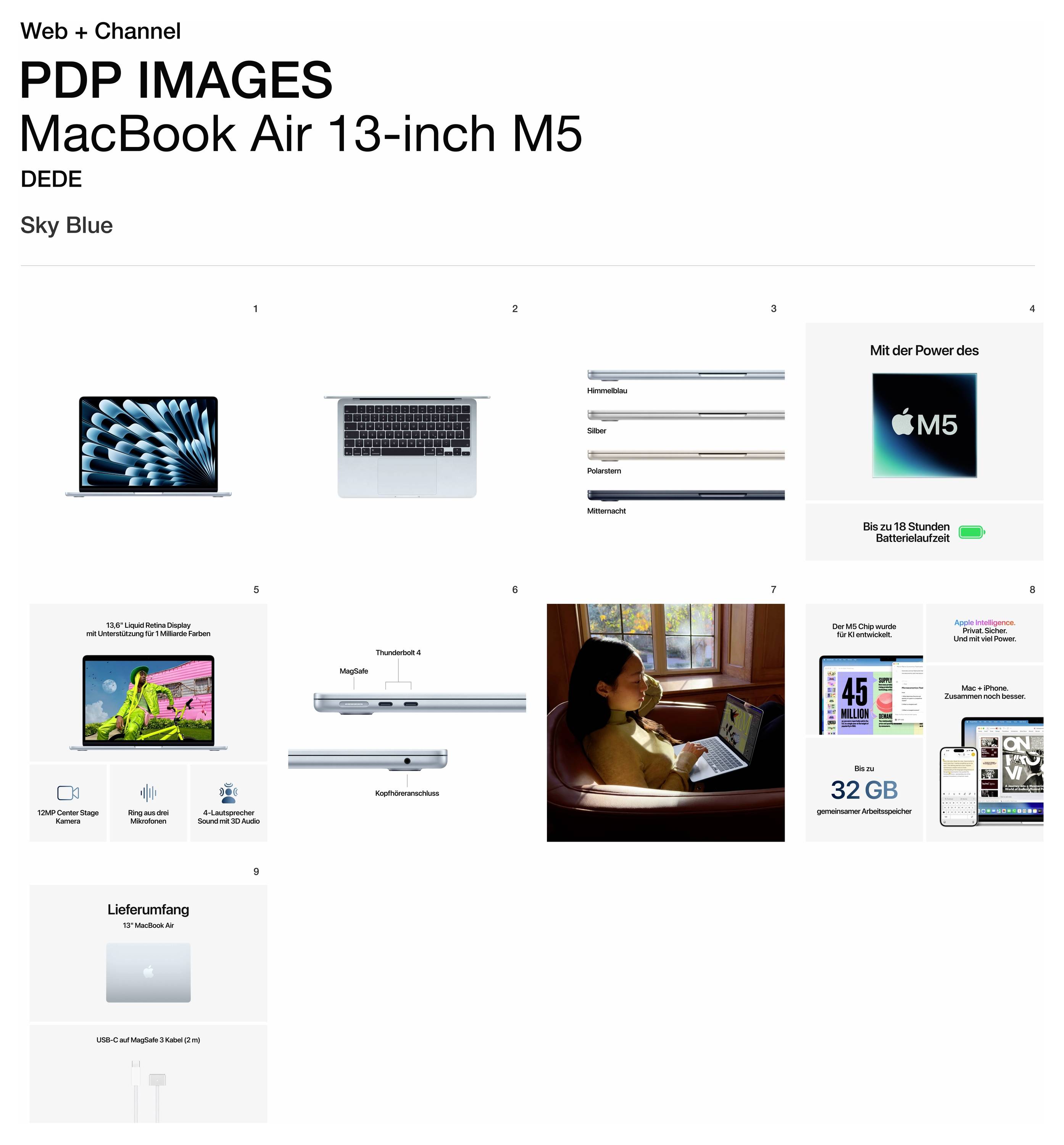 'PDP-Bilder: MacBook Air 13-Zoll M5, Himmelblau.' Die Bilder zeigen ein MacBook Air, ein Schaltschema, einen Benutzer mit Laptop und Zusammenfassungen der Funktionen auf Deutsch.