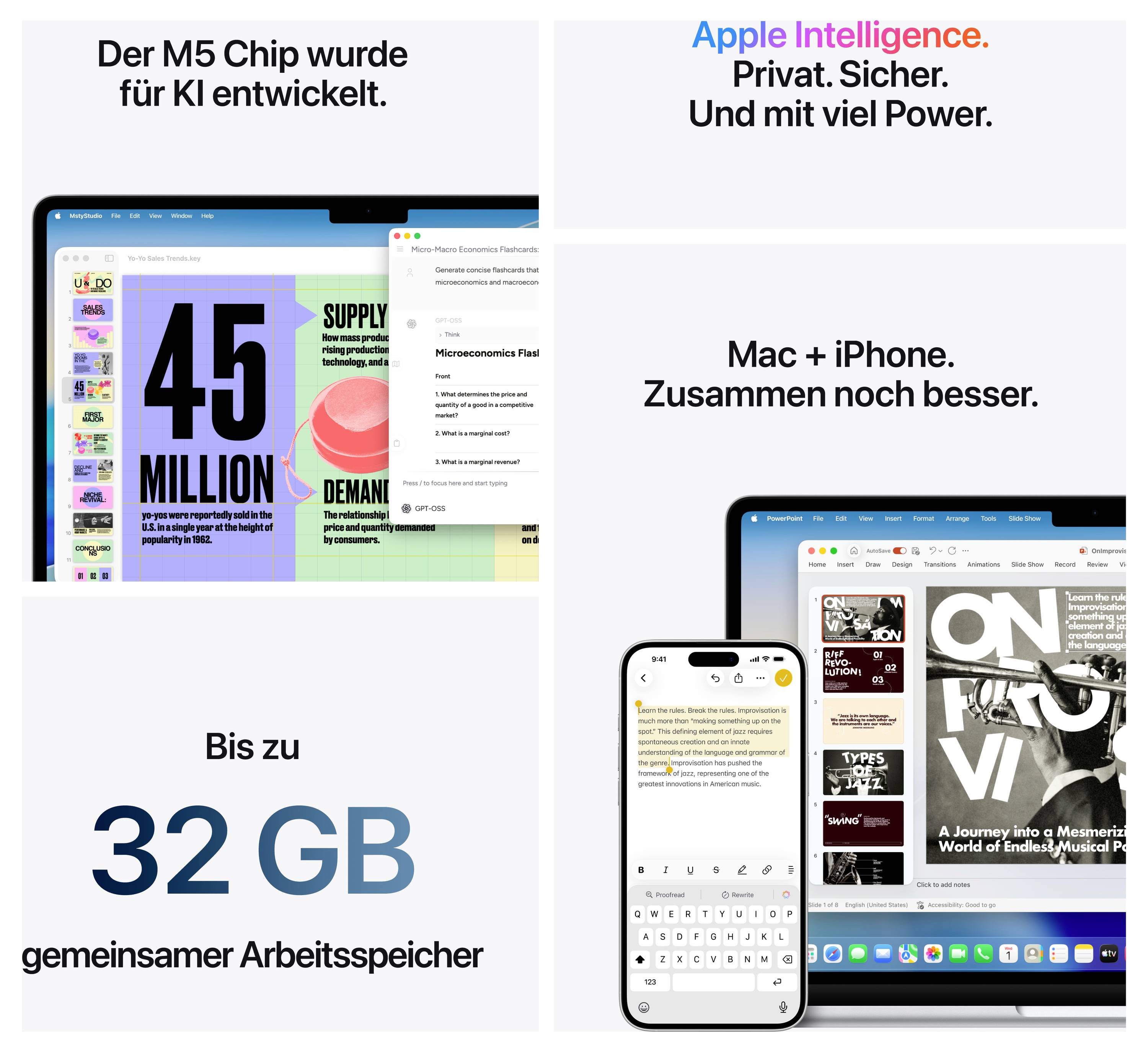 Plakat mit Werbebotschaften für Apple-Produkte: M5 Chip für KI, Apple Intelligence, bis zu 32 GB RAM, Mac und iPhone Integration.