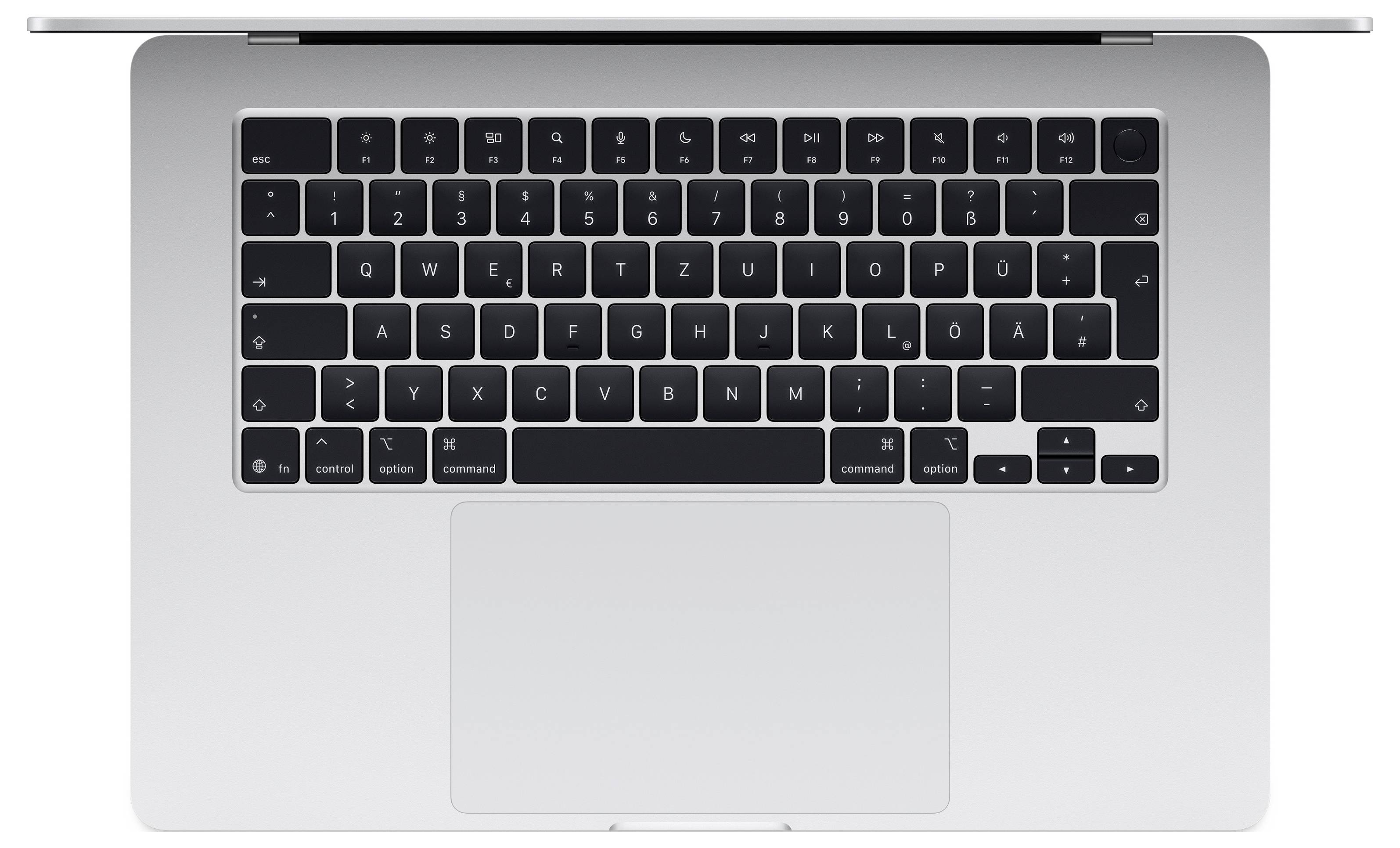 Ein silberner Laptop von oben betrachtet zeigt ein schwarzes Tastaturlayout mit einem großen Trackpad und Standard-QWERTZ-Tasten.