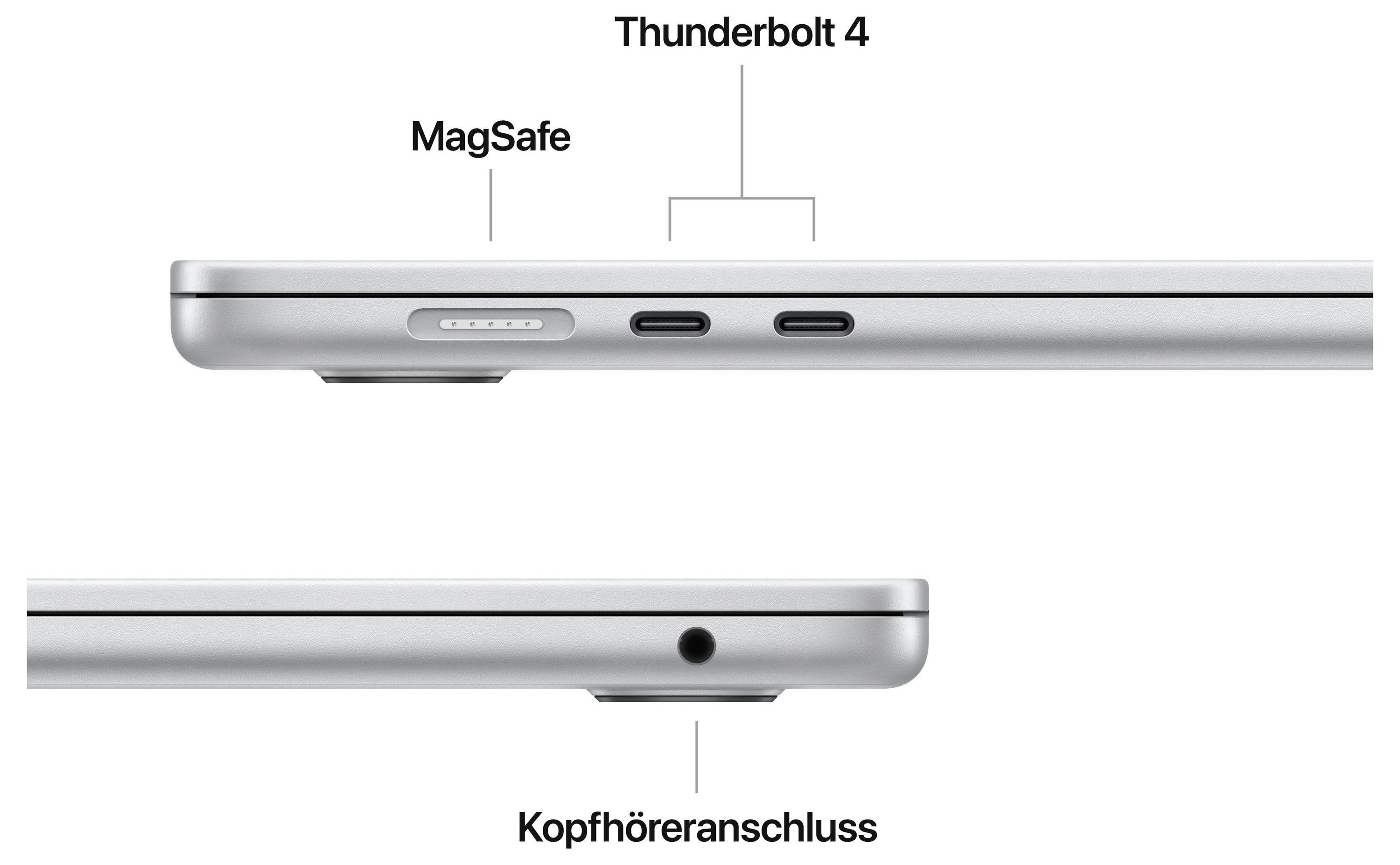 Ein Laptop von der Seite mit Anschlüssen: oben MagSafe und Thunderbolt 4, unten Kopfhöreranschluss.