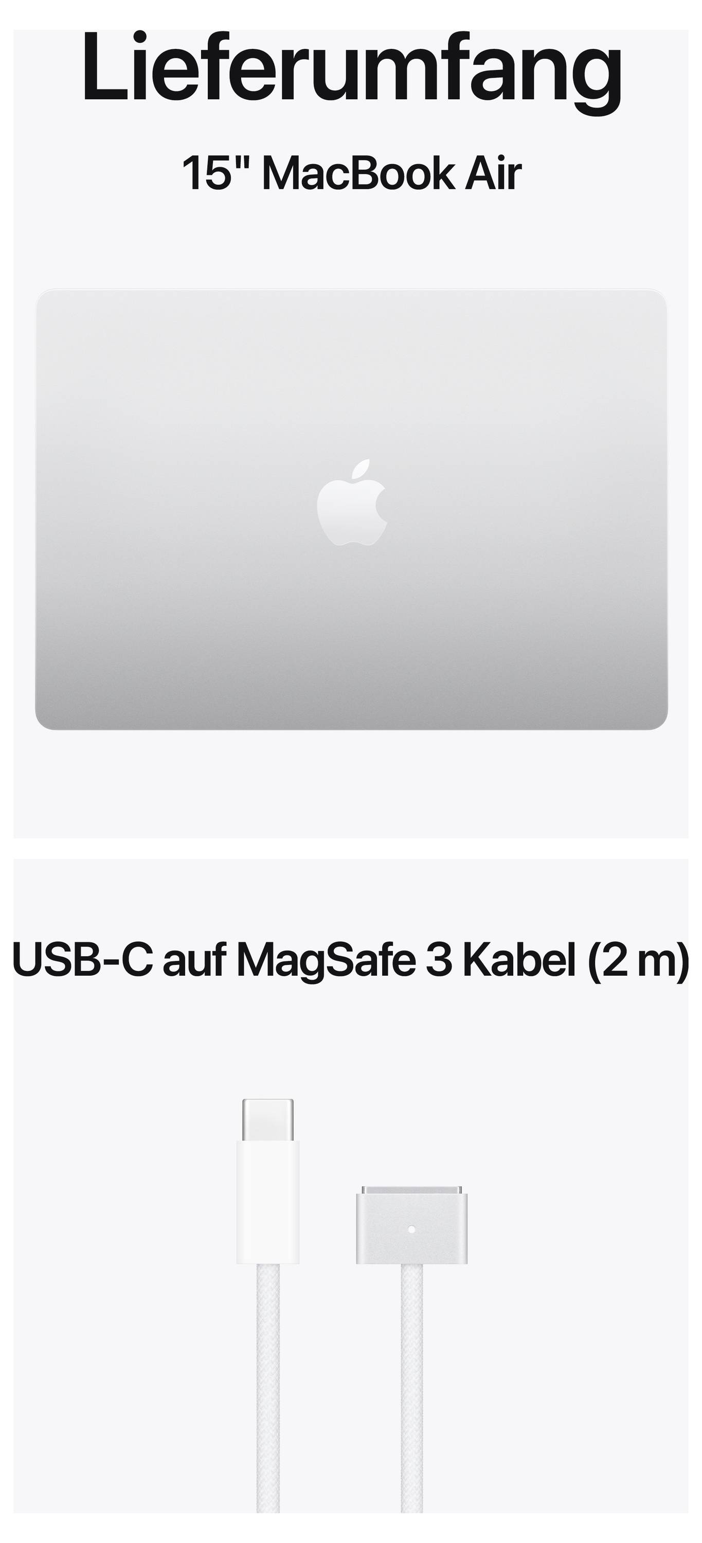 Laptop mit Apfellogo. Text: 'Lieferumfang: 15'' MacBook Air, USB-C auf MagSafe 3 Kabel (2 m)'