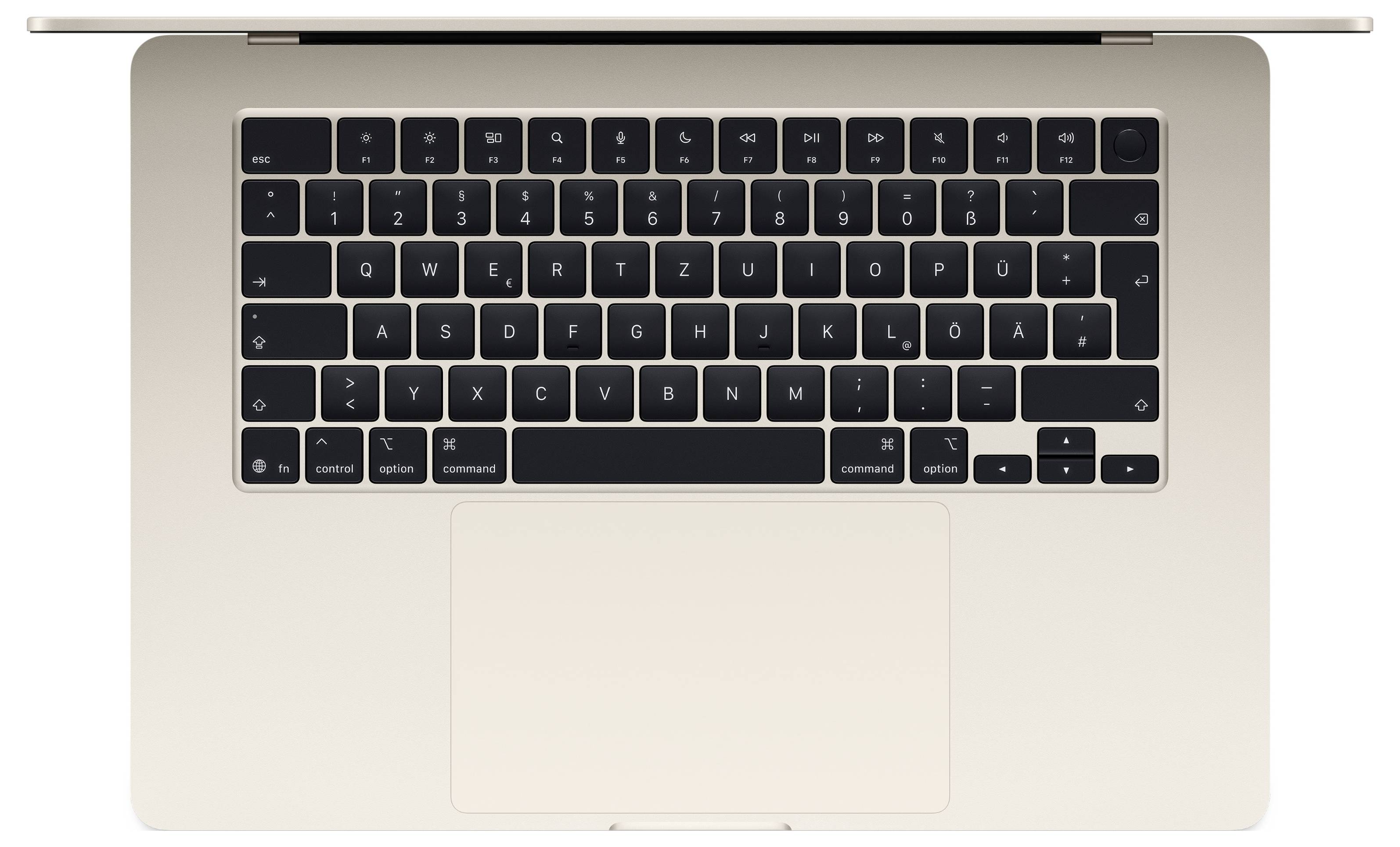 Ein gold-farbener Laptop von oben betrachtet, der ein deutsches QWERTZ-Tastaturlayout und ein großes Trackpad zeigt.