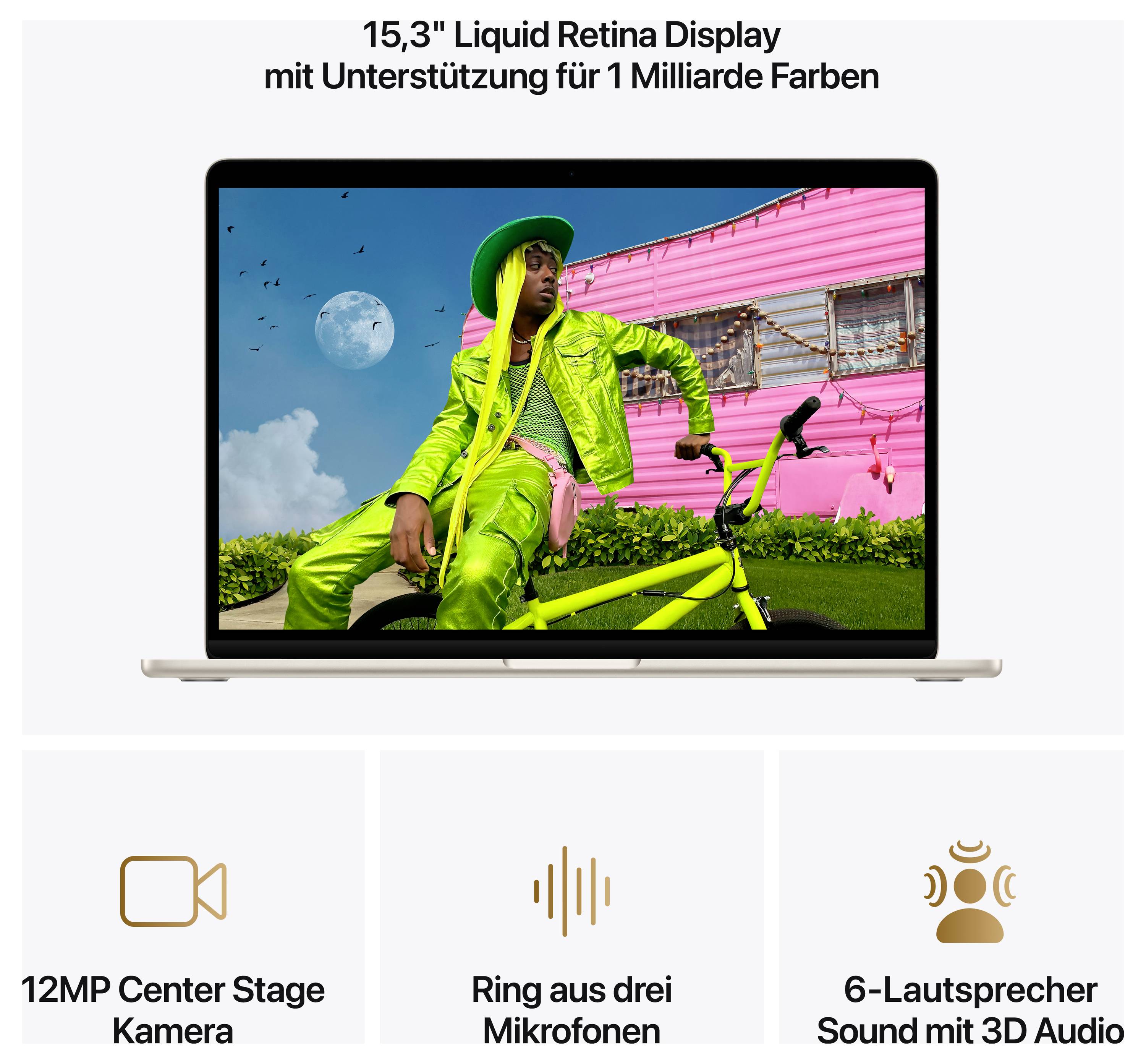 Laptop mit einem bunten Display, zeigt eine Person in neongrüner Kleidung auf einem Bike vor einem pinken Haus. Funktionen: 12MP Kamera, drei Mikrofone, 6-Lautsprecher.