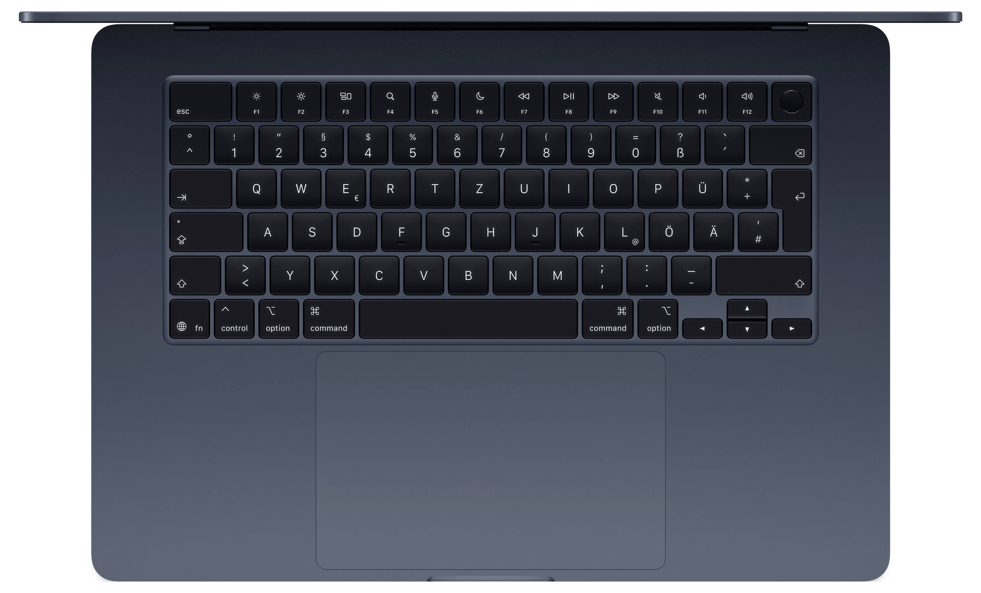 Draufsicht einer Laptop-Tastatur mit einem Trackpad darunter, das QWERTY-Layout und schwarze Tasten zeigt.