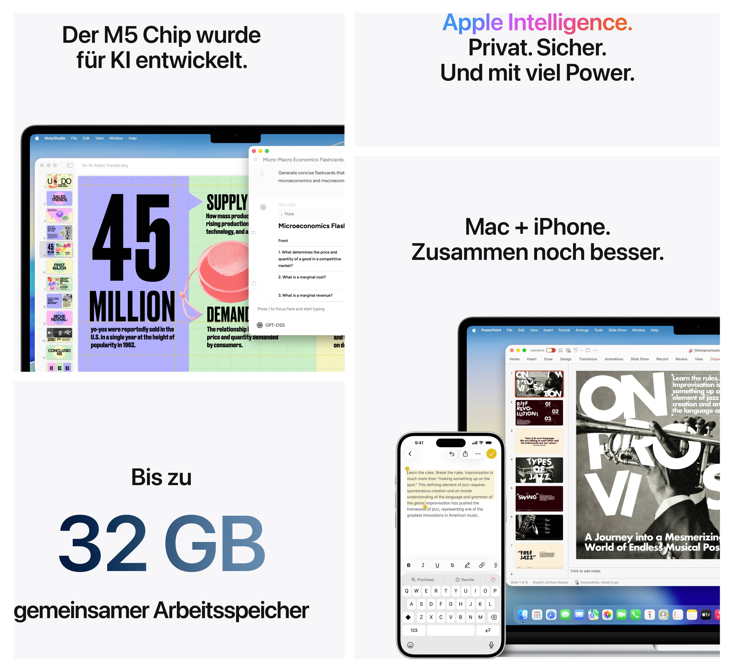 MacBook und iPhone nebeneinander mit Text: 'Der M5 Chip wurde für KI entwickelt', 'Apple Intelligence', 'Bis zu 32 GB gemeinsamer Arbeitsspeicher'.