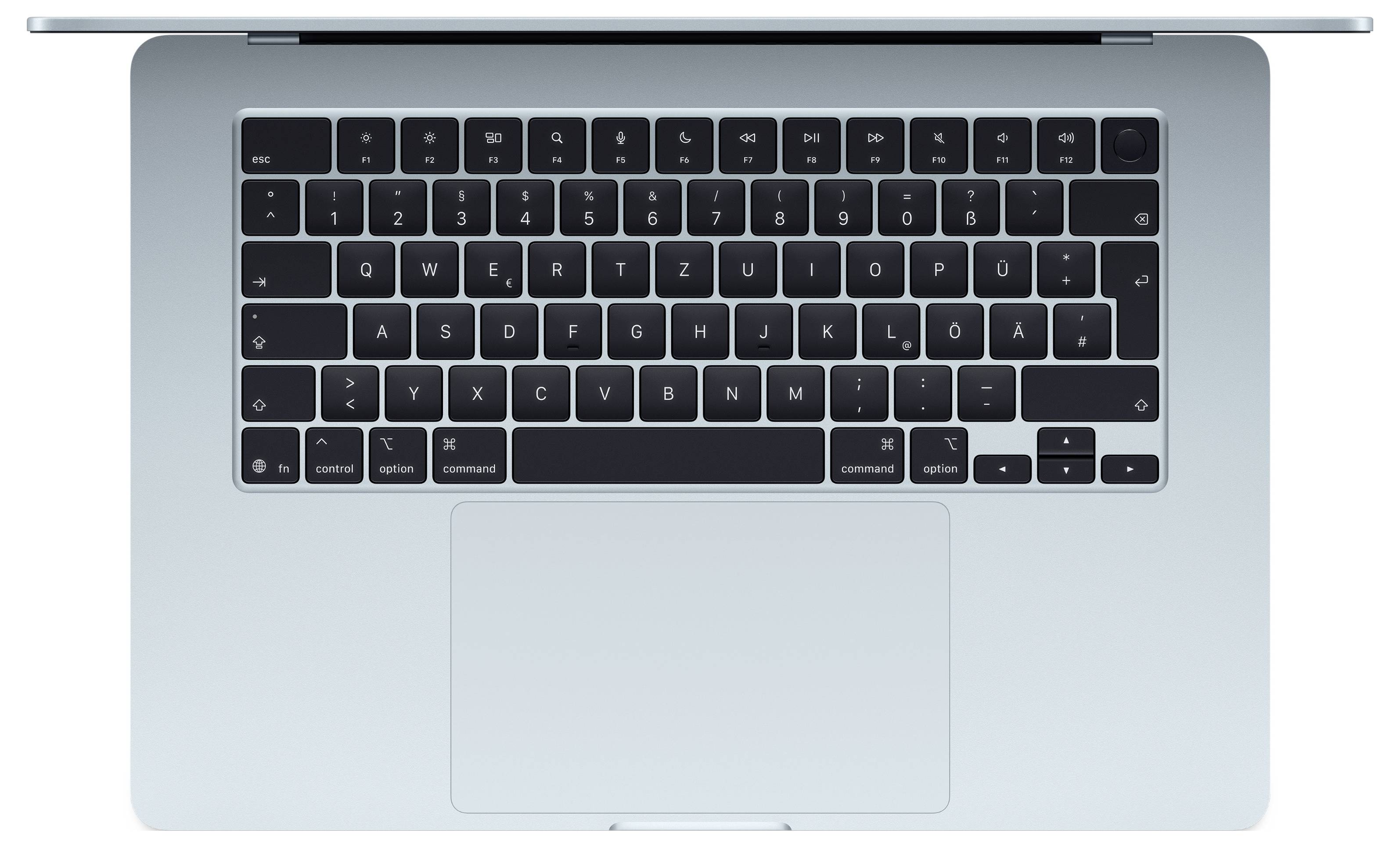 Eine Laptop-Tastatur mit deutschem QWERTZ-Layout, mit einem Trackpad darunter. Das Gerät ist metallisch und wird von oben betrachtet.