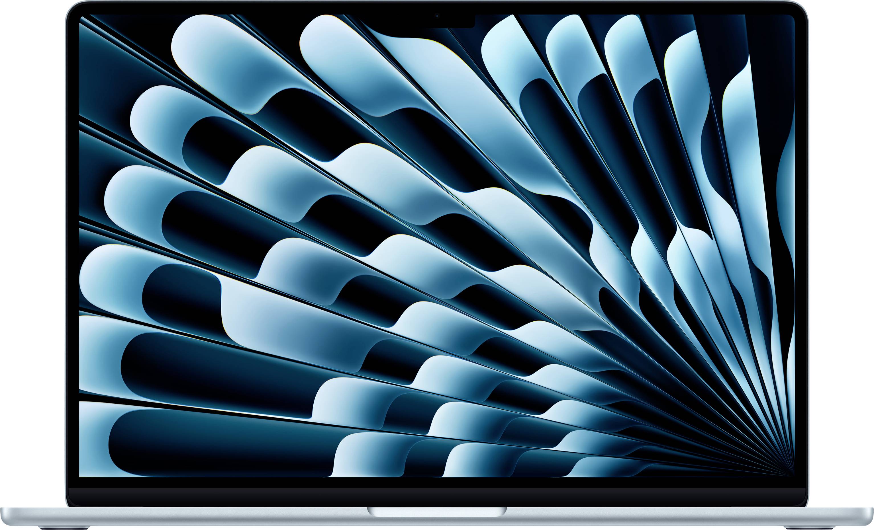 Ein Laptop, der ein dynamisches blaues abstraktes Muster auf dem Bildschirm anzeigt, mit überlagerten wellenartigen Formen, die eine visuell beeindruckende Wirkung erzeugen.