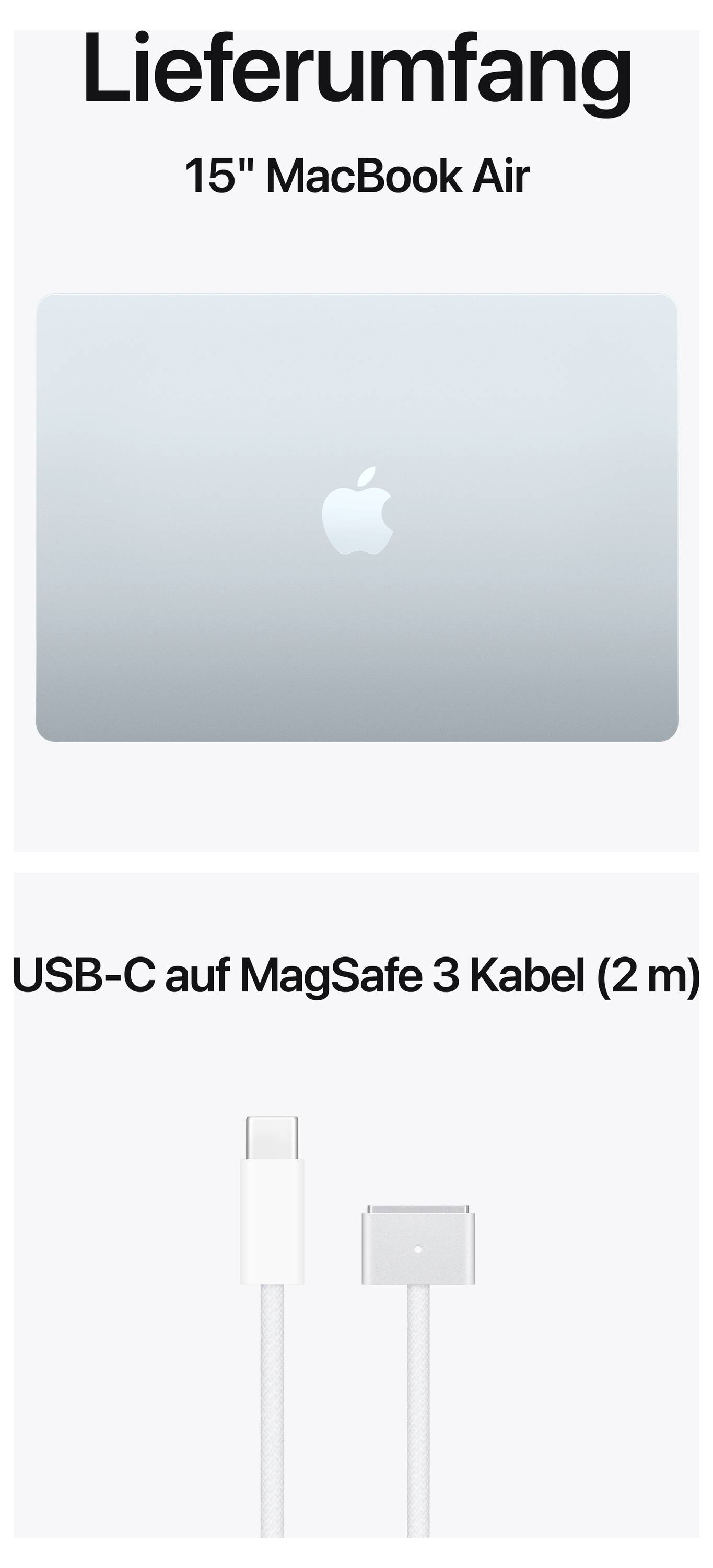 Lieferumfang eines 15-Zoll MacBook Air und USB-C auf MagSafe 3 Kabel (2 Meter).