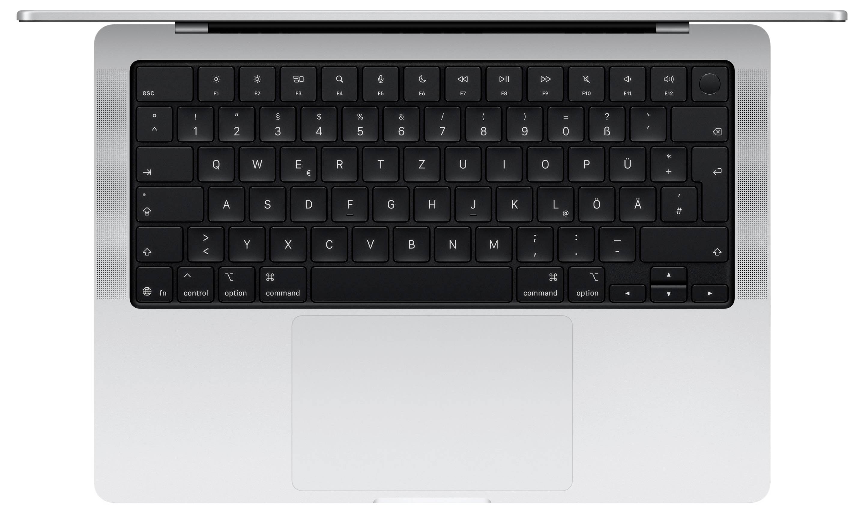 Luftaufnahme eines offenen Laptops mit schwarzer Tastatur und Trackpad darunter auf einem silbernem Rahmen.