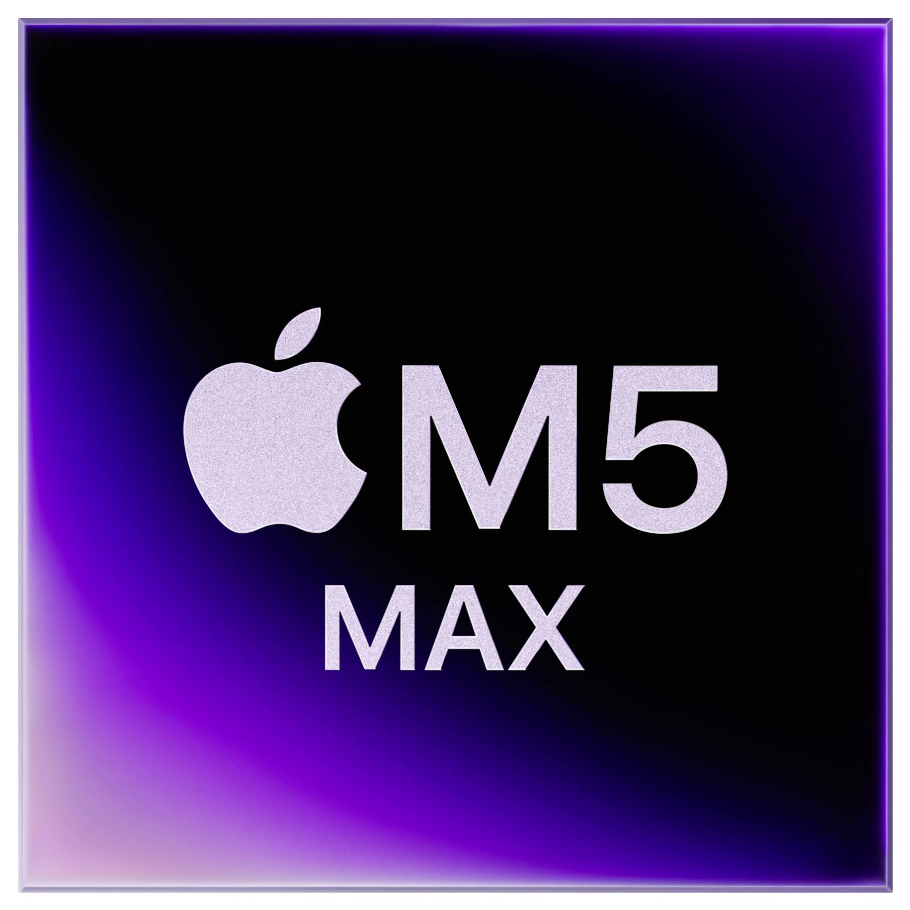 'Apple M5 Max'-Logo auf einem dunklen, lila-schimmernden Hintergrund.