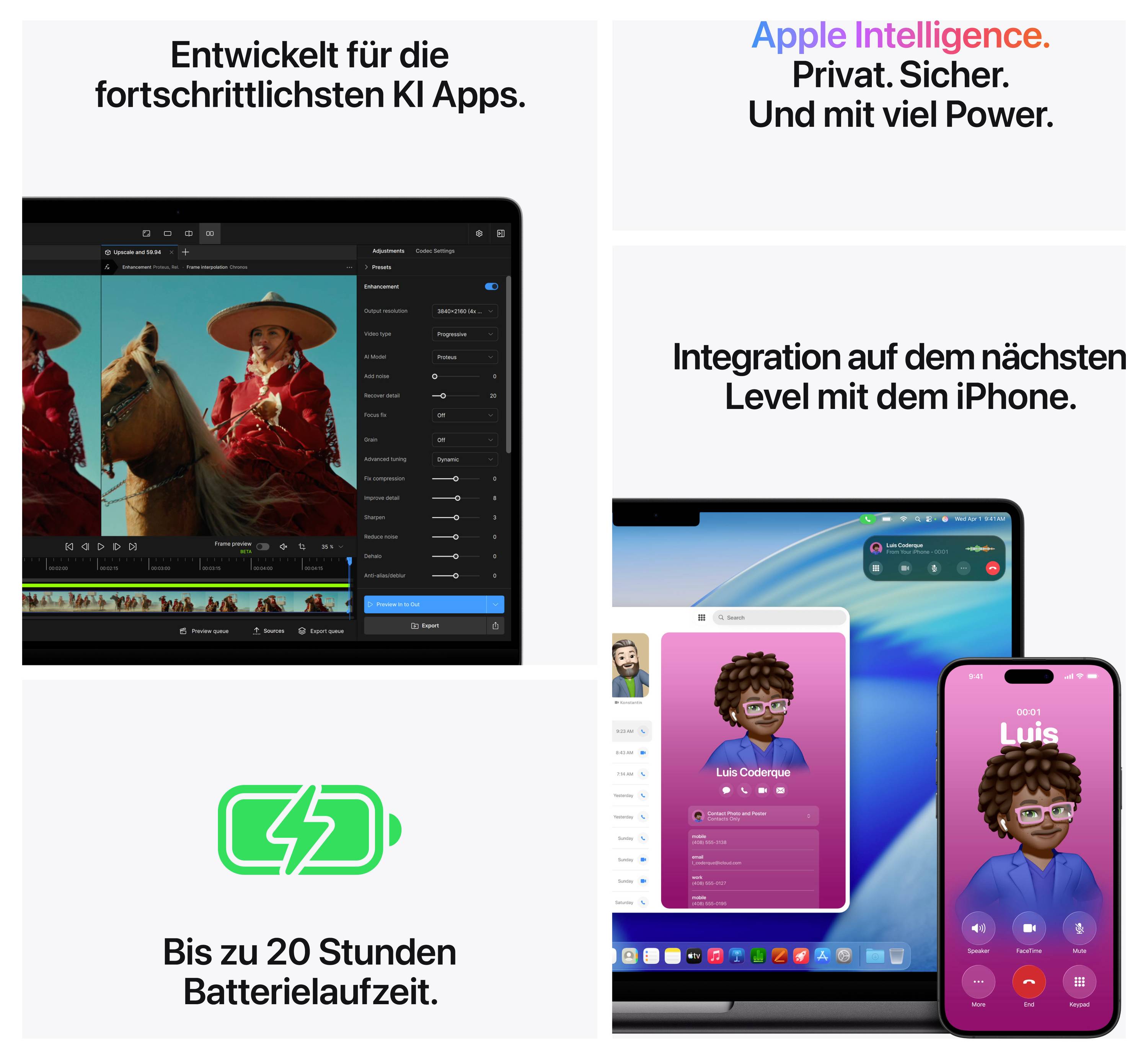 'Apple Intelligence. Privat. Sicher. Und mit viel Power.' zeigt MacBook und iPhone-Integration, bewirbt KI-Apps und 20 Stunden Batterielaufzeit.