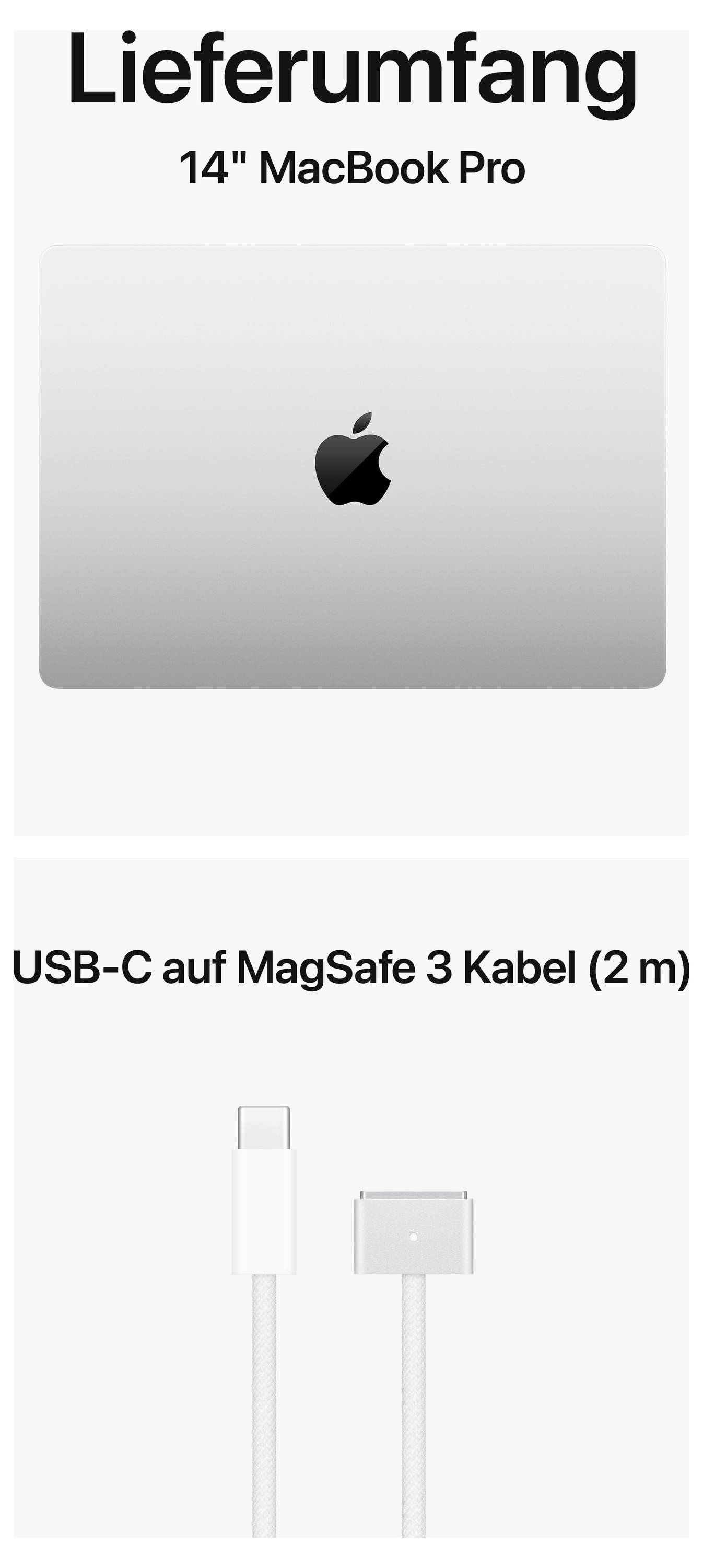 Im Bild sind die Rückseite eines 14-Zoll MacBook Pro und ein 2 Meter langes USB-C auf MagSafe 3 Kabel abgebildet.