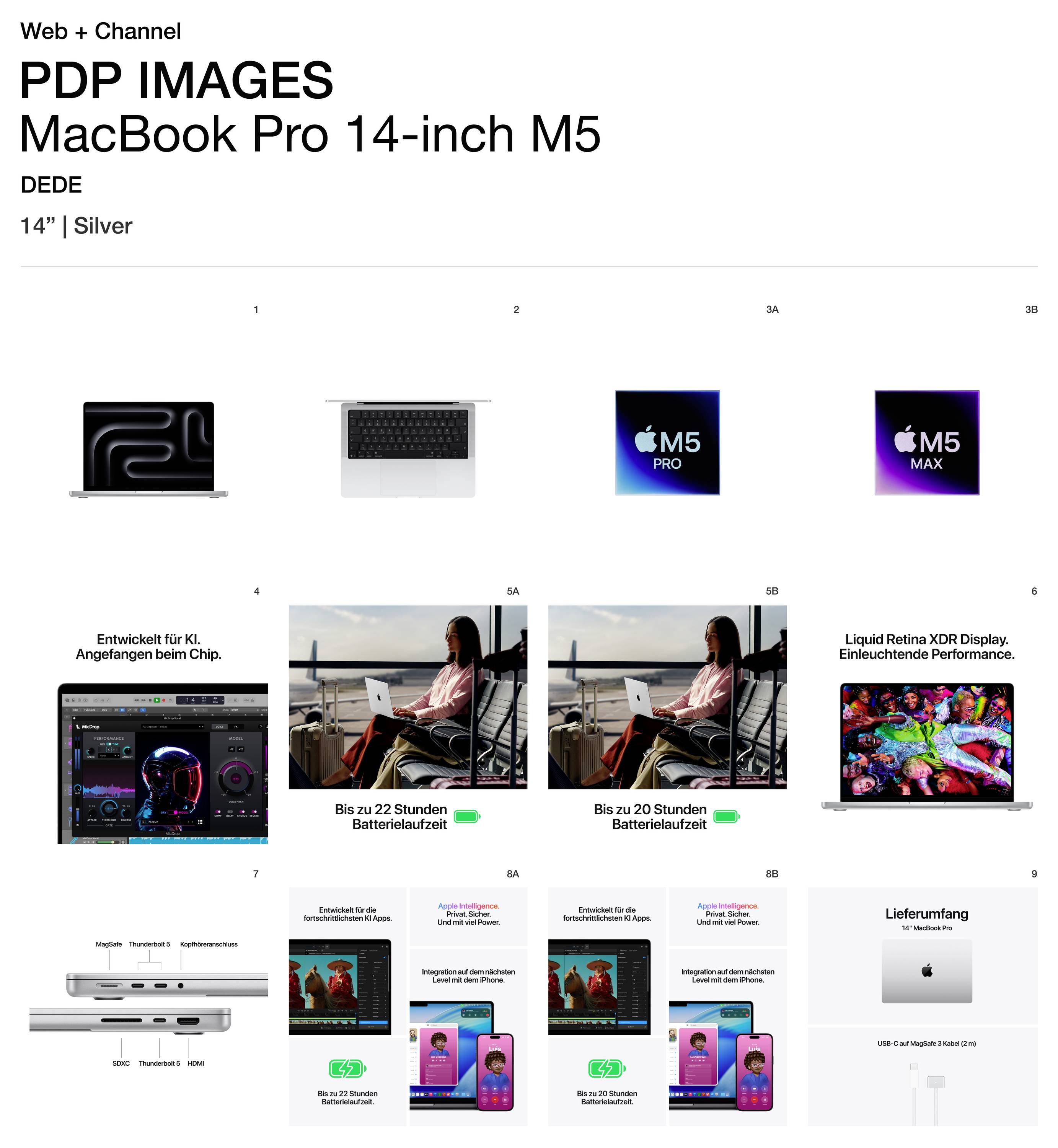 MacBook Pro 14-Zoll M5 abgebildet, darunter verschiedene Features wie Batterielaufzeit, Chip-Info, XDR Display, und Lieferumfang.