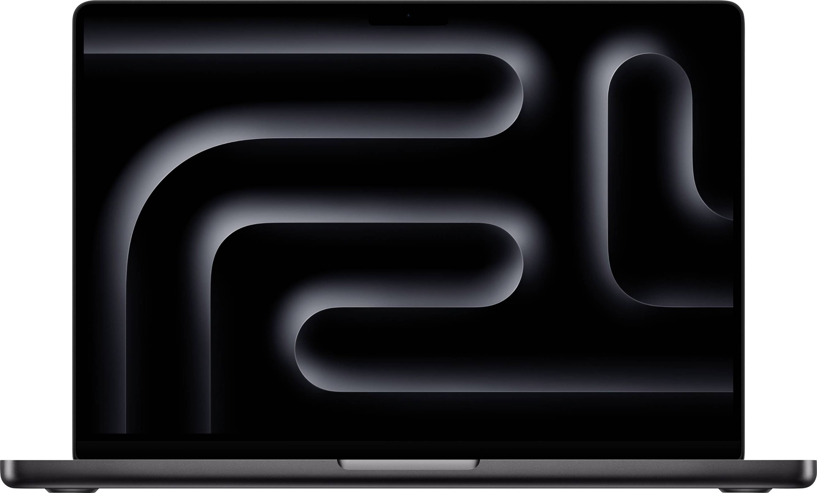 Ein Laptop mit einem dunklen abstrakten Muster auf dem Bildschirm, das gekrümmte Linien und Farbverläufe zeigt und ein modernes und elegantes Design andeutet.