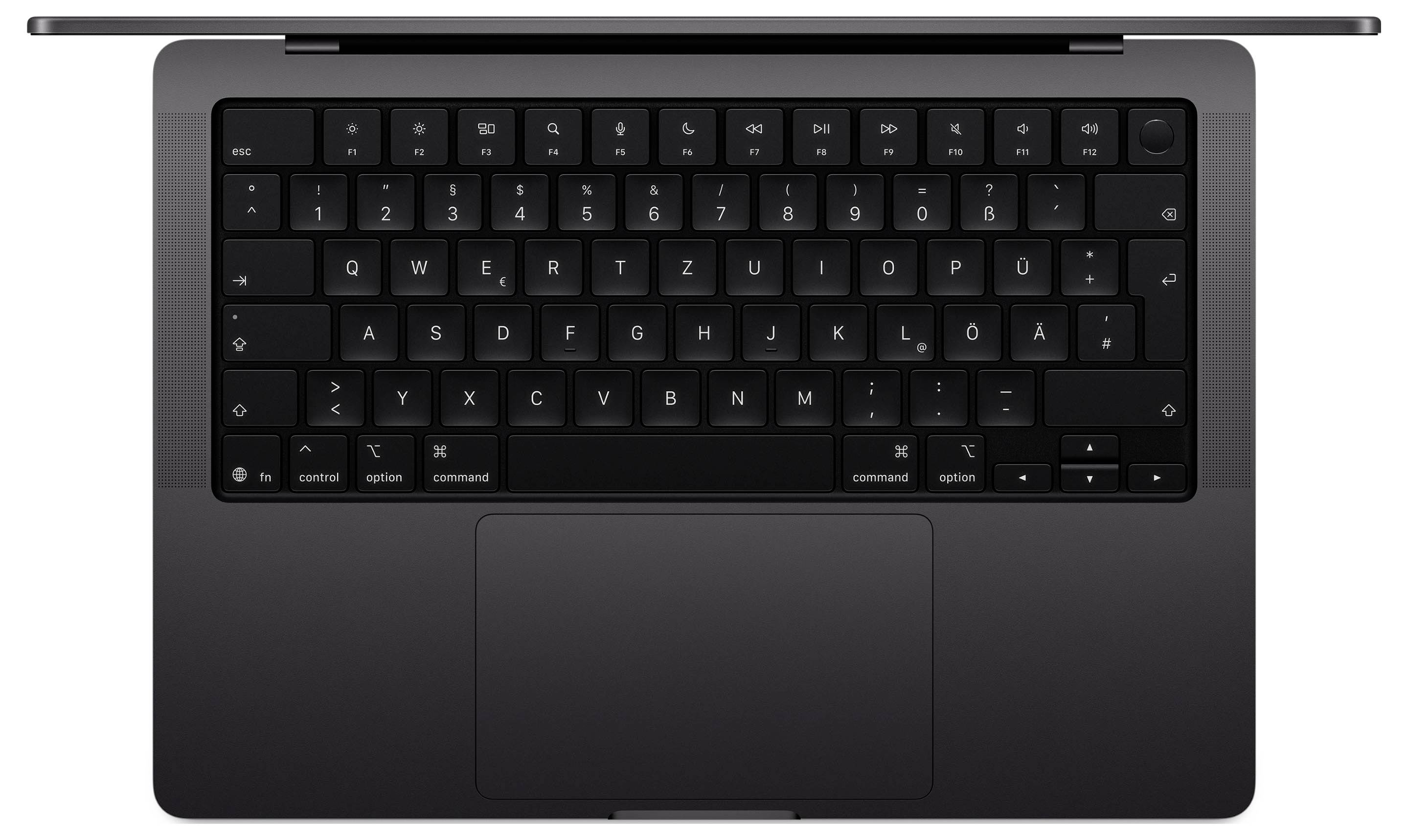 Eine Draufsicht auf einen geöffneten Laptop, der eine schwarze Tastatur und ein Trackpad zeigt, mit minimalem sichtbarem Bildschirm, vor weißem Hintergrund.