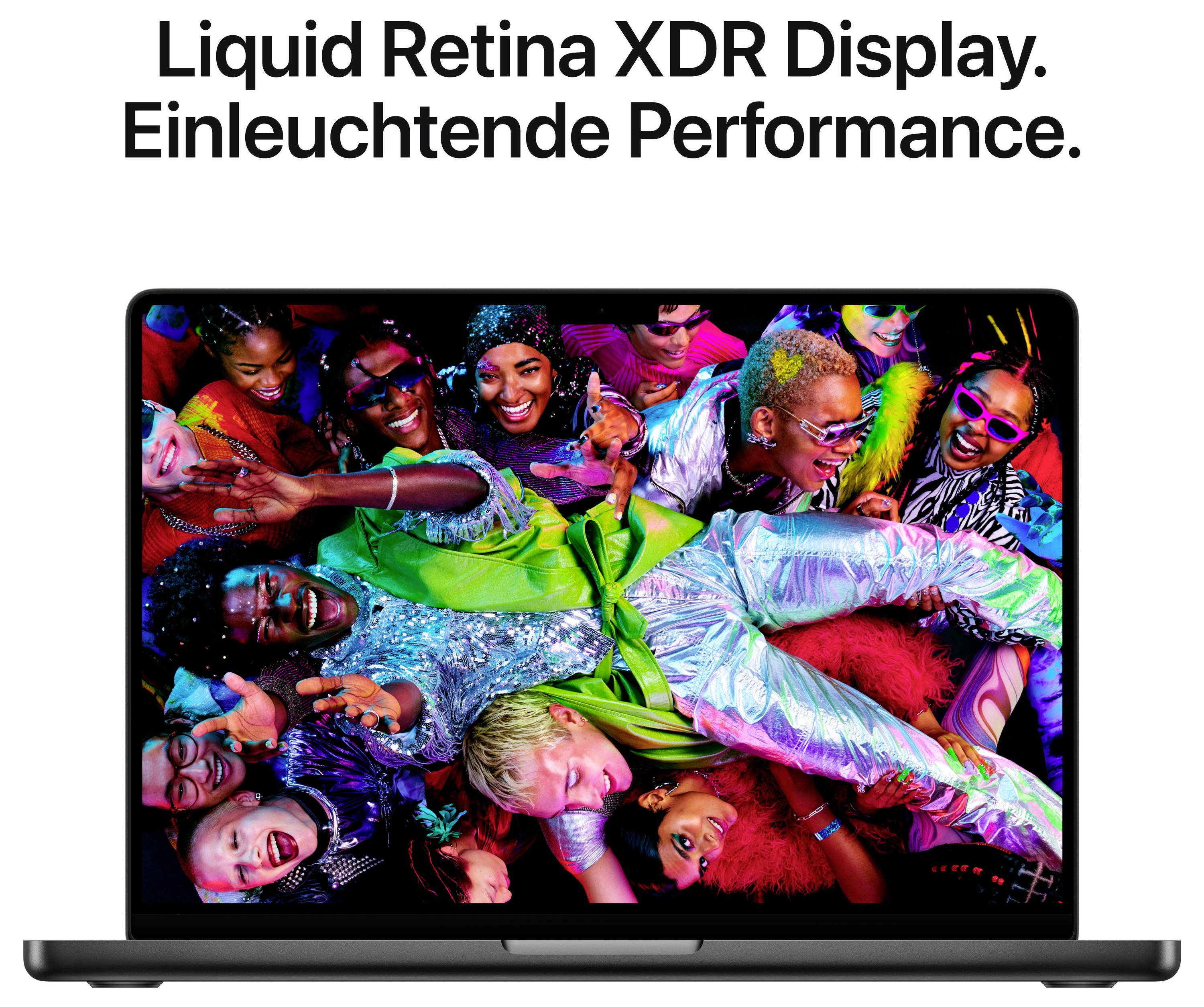 Gesellschaft fröhlicher Menschen in bunter Kleidung auf einem Laptopbildschirm. Text: 'Liquid Retina XDR Display. Einleuchtende Performance.'