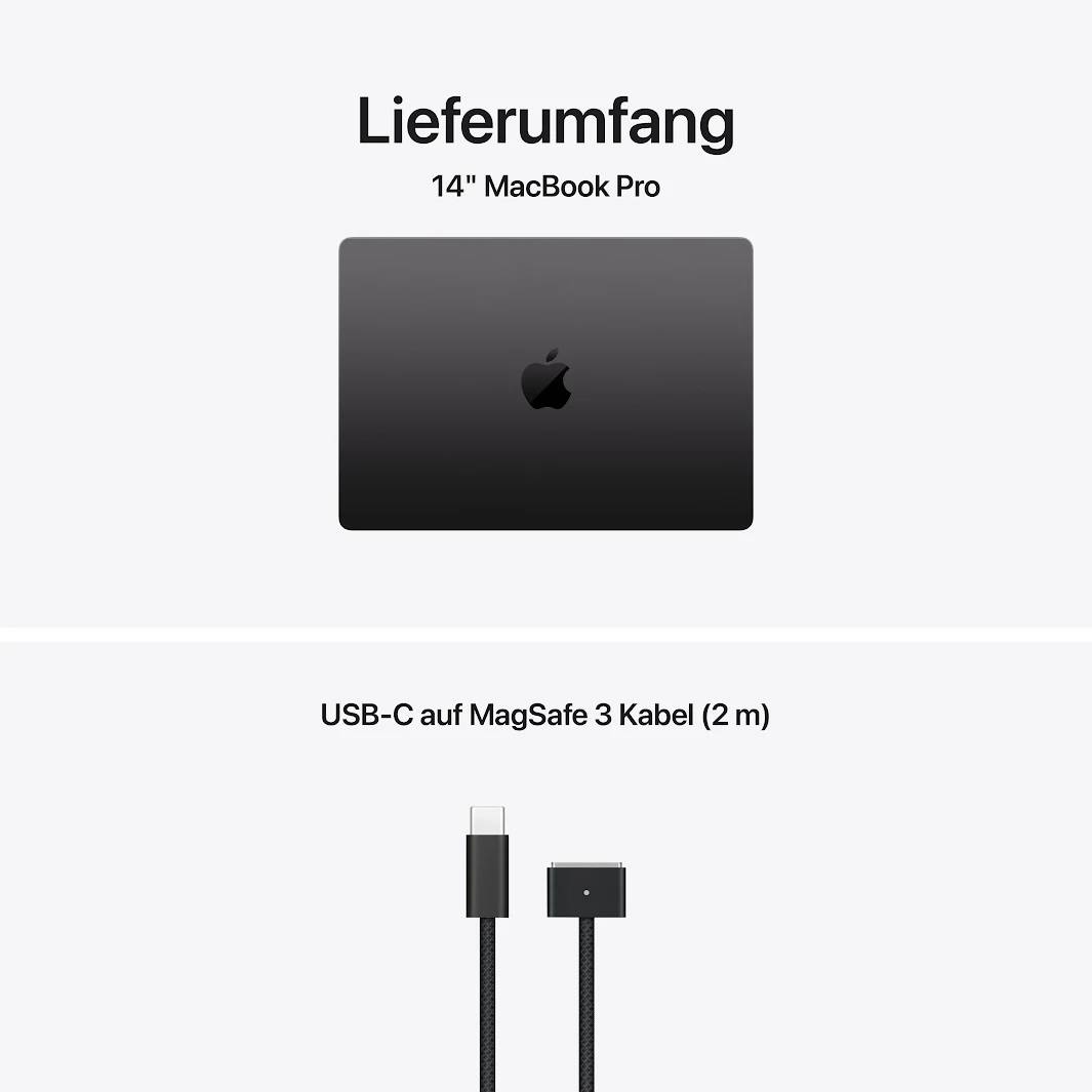 Grafik eines 14 Zoll MacBook Pro mit USB-C auf MagSafe 3 Kabel (2 m) im Lieferumfang dargestellt.