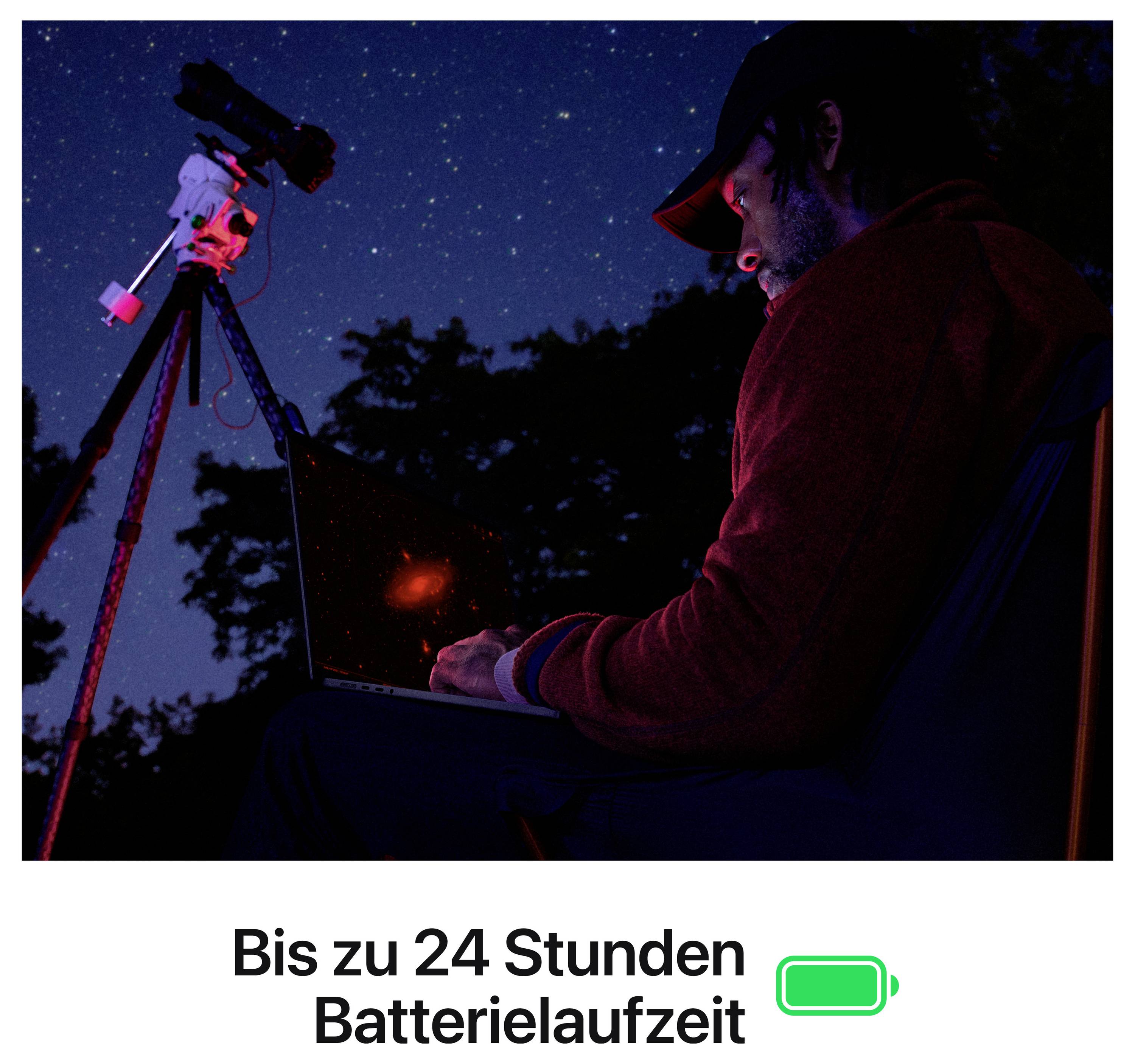 Eine Person sitzt nachts im Dunkeln und betrachtet den Sternenhimmel durch ein Teleskop, während sie einen Laptop mit rotem Licht verwendet. Text: 'Bis zu 24 Stunden Batterielaufzeit'.