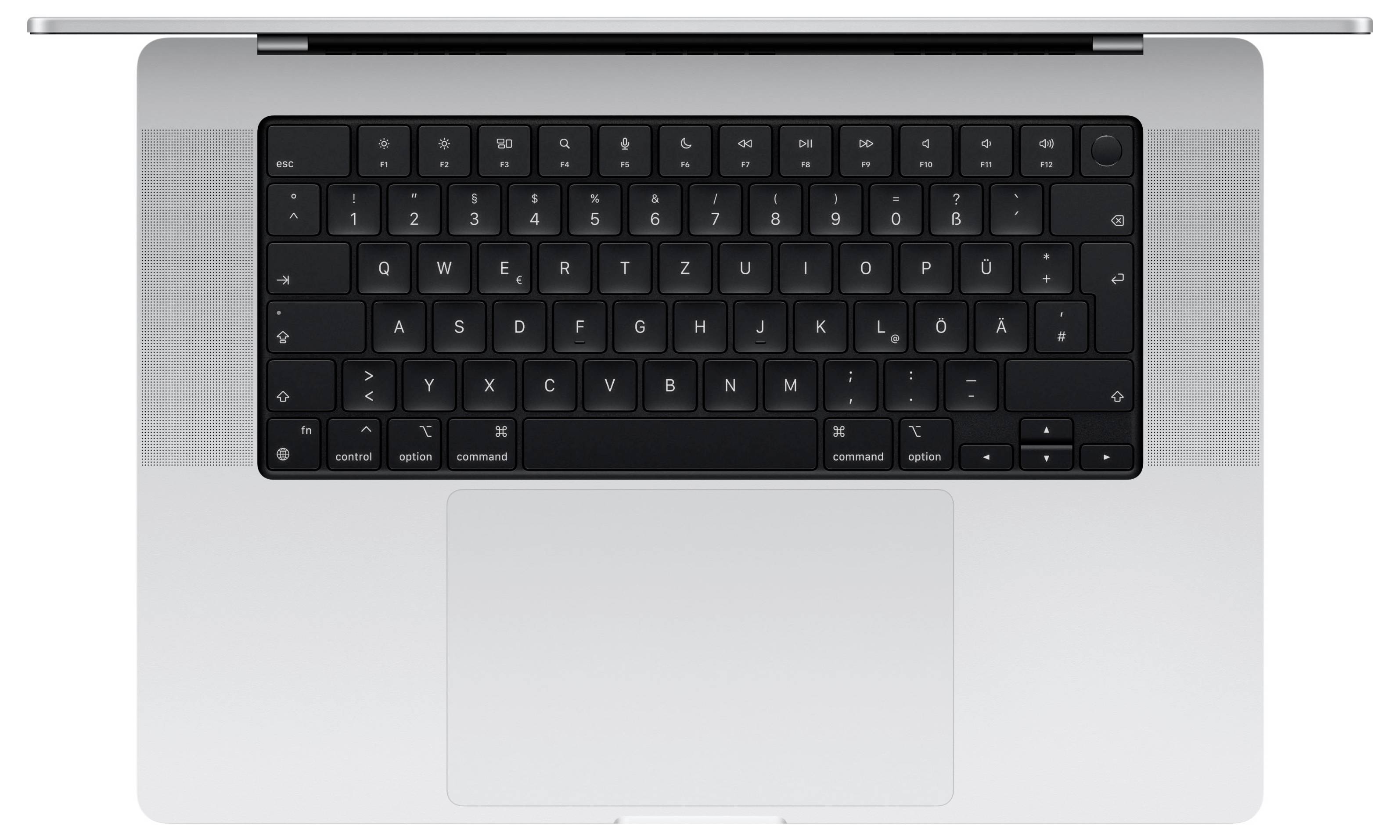 Eine Draufsicht eines silbernen Laptops mit schwarzer Tastatur und großem Trackpad, zeigt Tasten und Layout. Kein sichtbarer Text oder Logos.