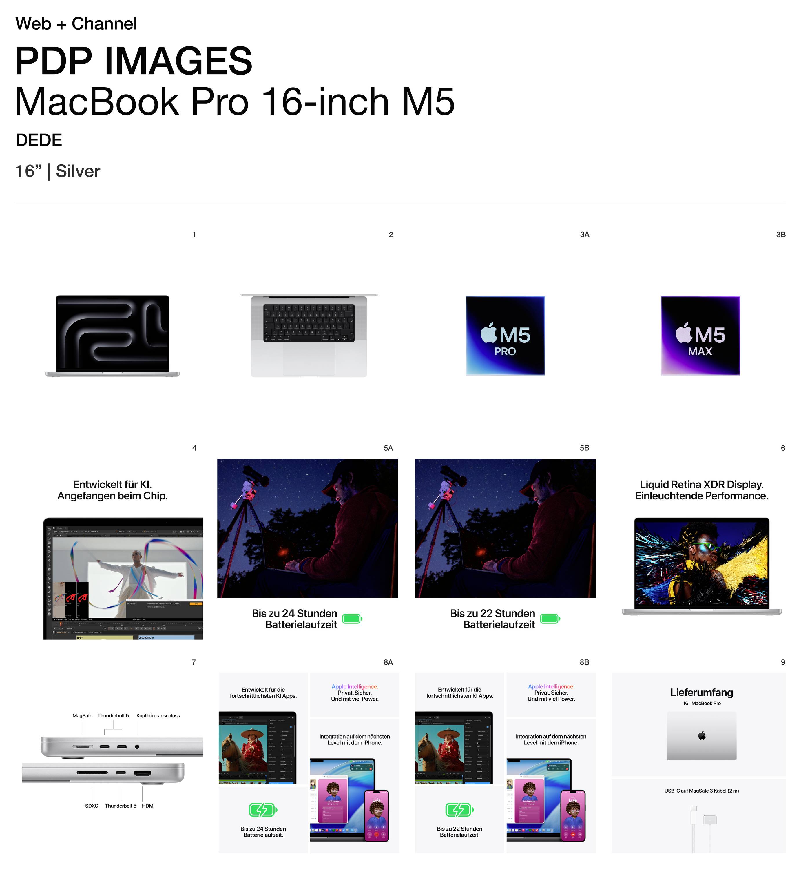 MacBook Pro 16-Zoll M5 in Silber. Bilder zeigen Design, Chip-Optionen, Display und Batterieinformationen. Beinhaltet Lieferumfang.