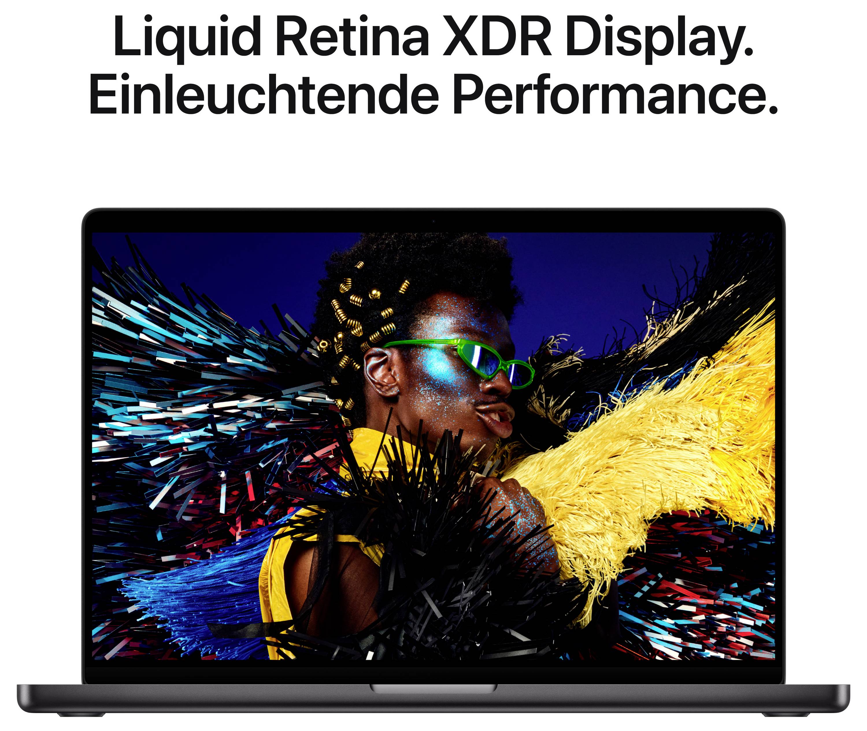 Ein Laptop mit einem bunten, dynamischen Bild auf dem Bildschirm. Text oben: 'Liquid Retina XDR Display. Einleuchtende Performance.'