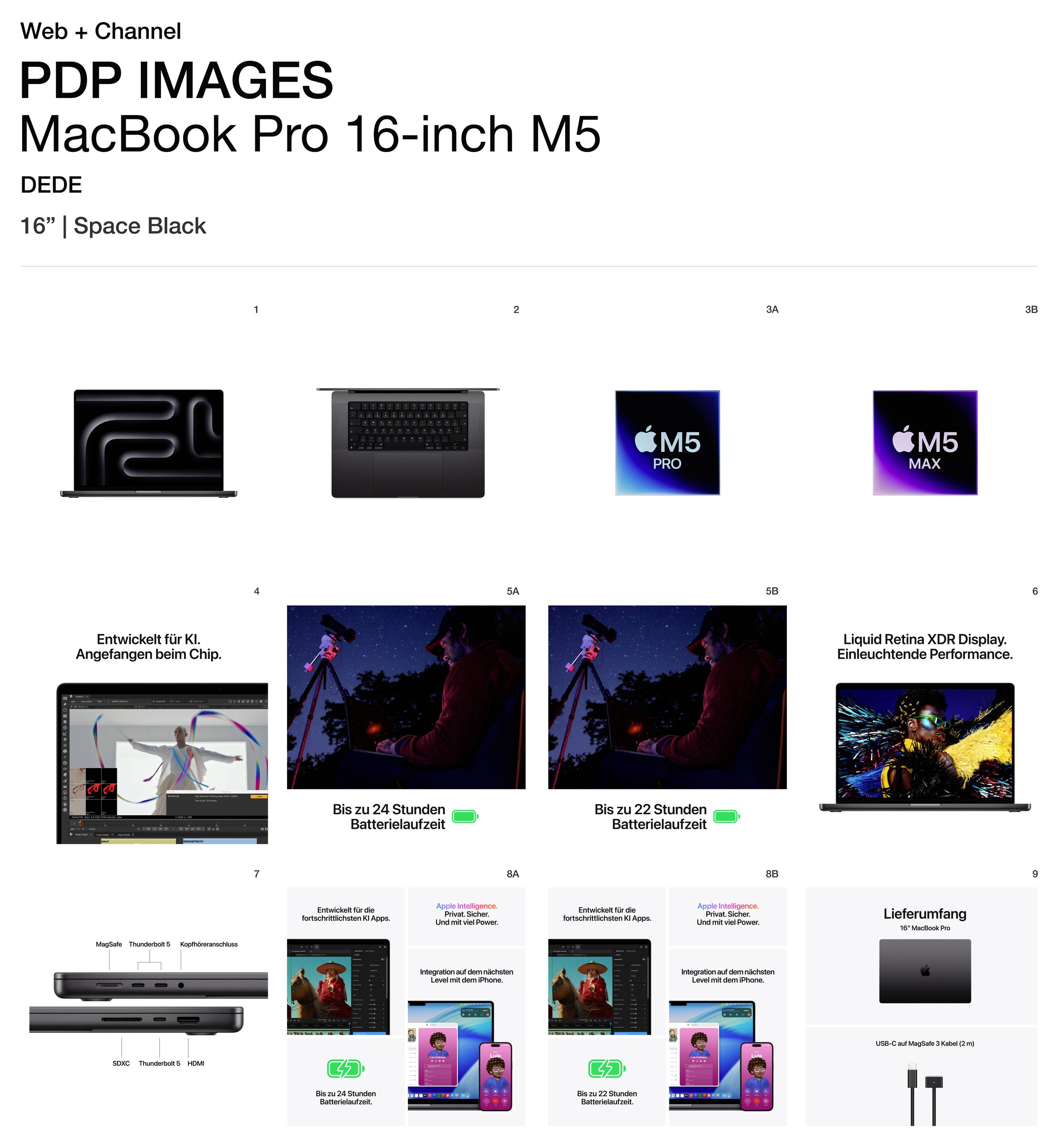 MacBook Pro 16-Zoll M5 in Weltraum Schwarz. Bild des Laptops, Detailaufnahmen der Tastatur, Prozessor-Logos, und Displaybeschreibung. Hervorgehobene Funktionen: Akkulaufzeit, Leistung.