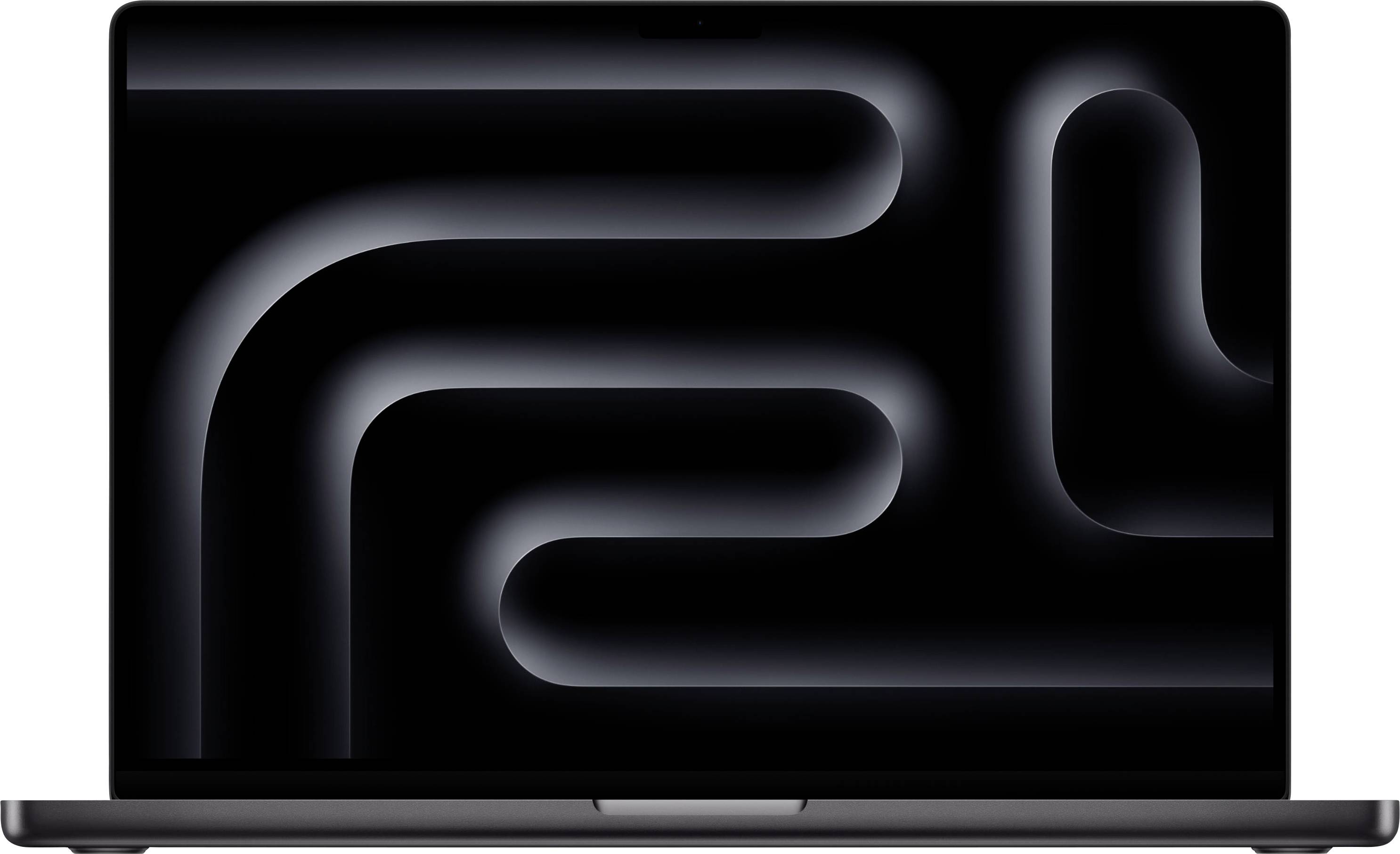 Ein Laptop mit einem Bildschirm, auf dem ein abstraktes Muster aus dunklen, geschwungenen Linien auf schwarzem Hintergrund angezeigt wird.