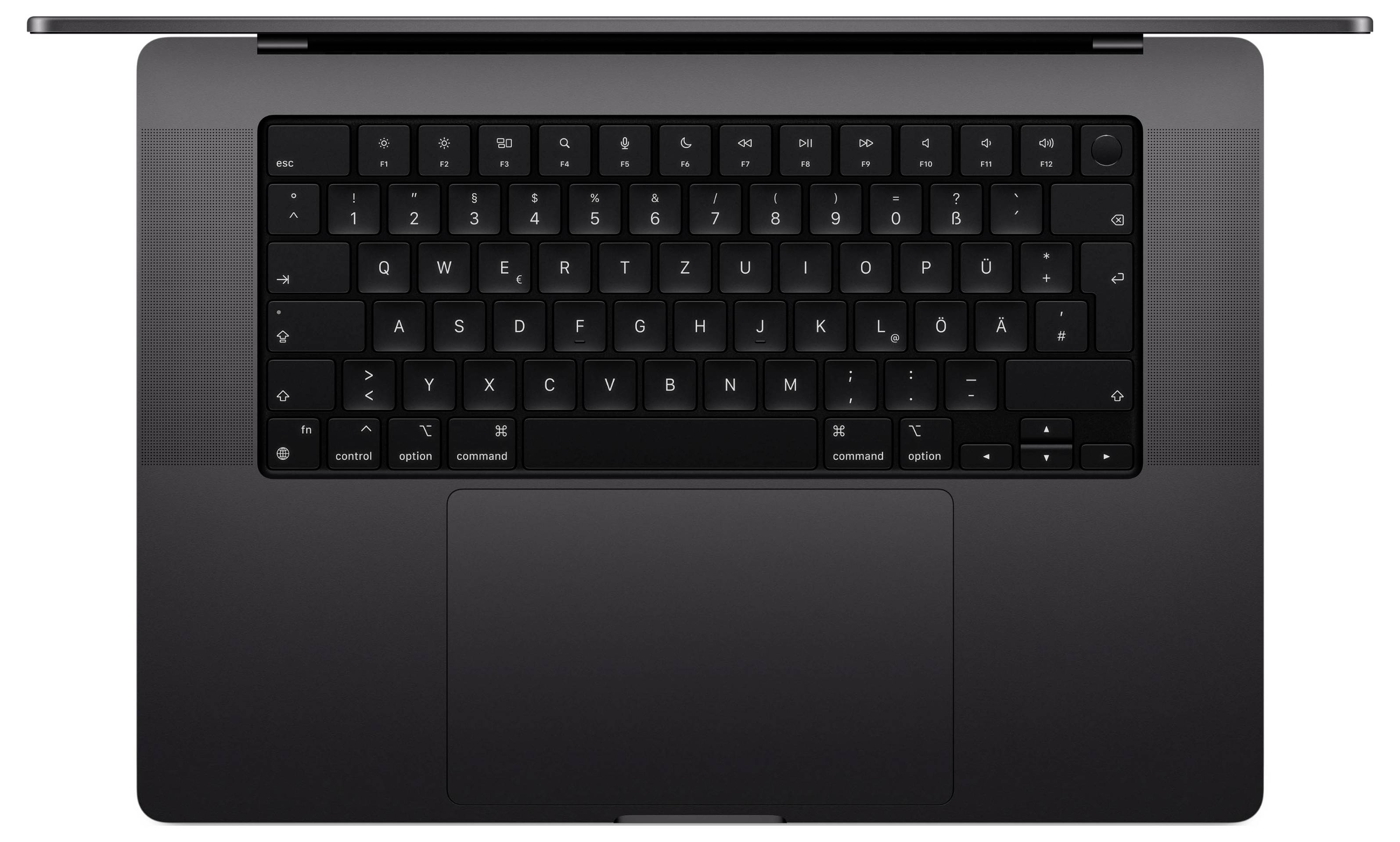 Draufsicht eines aufgeklappten Laptops mit schwarzer Tastatur, großem Touchpad und dünnem Display-Rand, das ein modernes und minimalistisches Design zeigt.