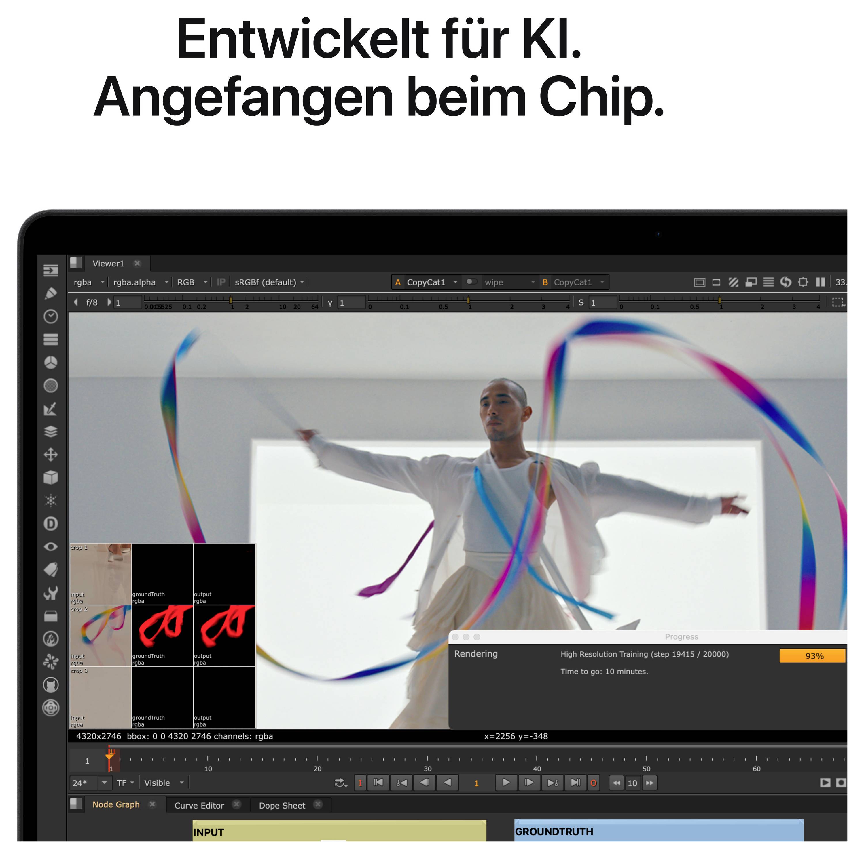 Eine Person in weißer Kleidung tanzt mit bunten Bändern auf einem Bildschirm. Text oben lautet 'Entwickelt für KI. Angefangen beim Chip.'