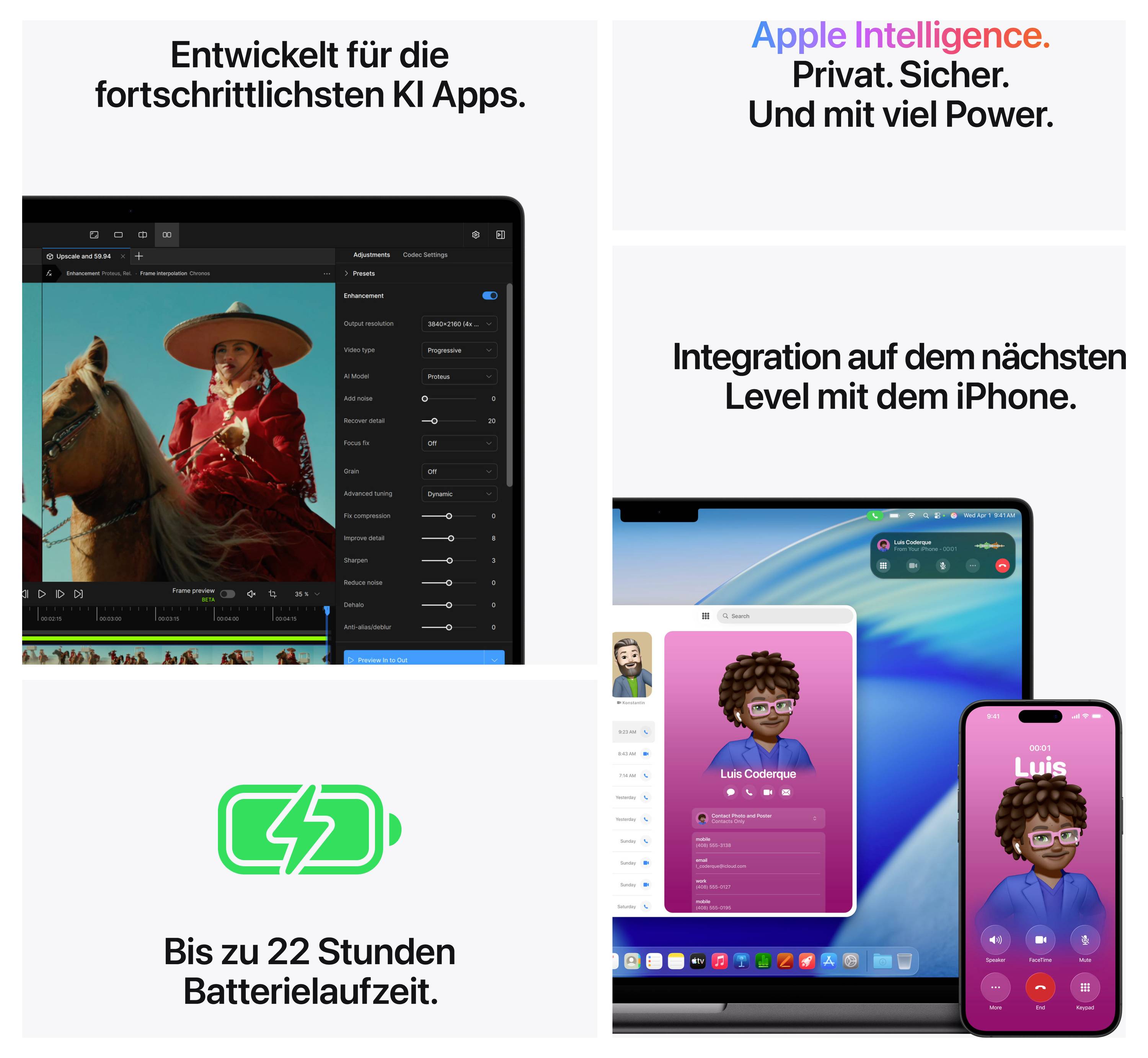 Ein Digitalgerät zeigt mehrere Funktionen: Erstellung von KI-Apps, Integration mit iPhone, lange Batterielaufzeit und Sicherheitsmerkmale.