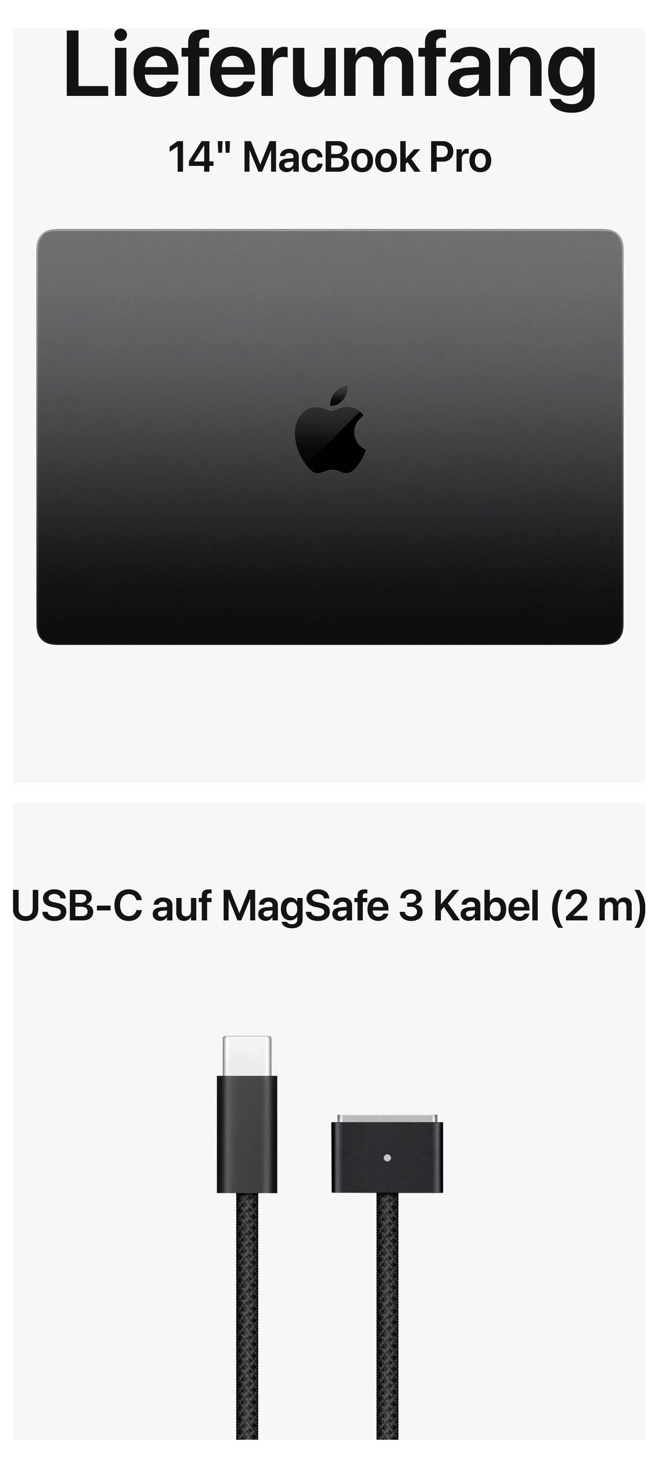 'Lieferumfang' zeigt ein 14-Zoll MacBook Pro und ein USB-C auf MagSafe 3 Kabel (2 m).