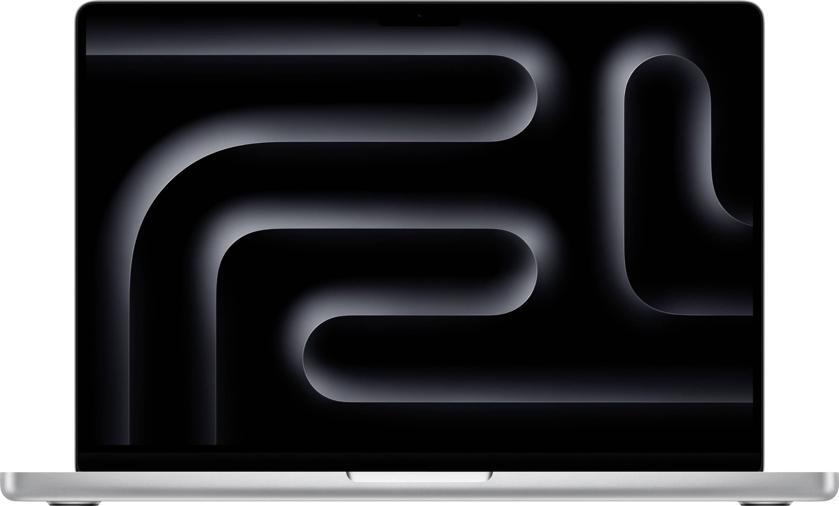 Ein eleganter Laptop, auf dem eine abstrakte dunkle Grafik mit geschwungenen Linien angezeigt wird, die ein modernes und futuristisches Aussehen schaffen.