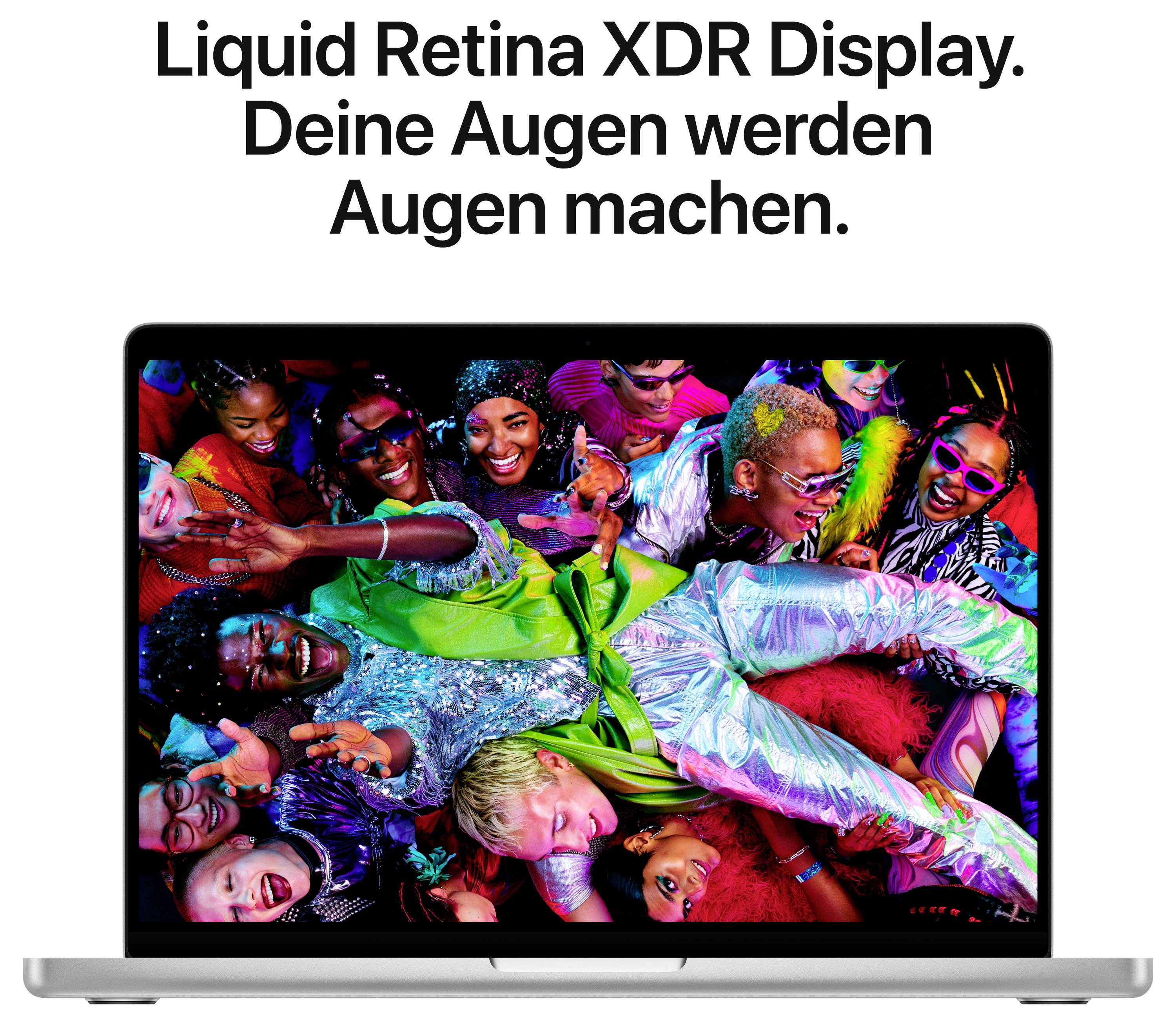 Seitenansicht eines Laptops zeigt Anschlüsse: MagSafe, zwei Thunderbolt 5, Kopfhöreranschluss, SDXC, Thunderbolt 5, HDMI.