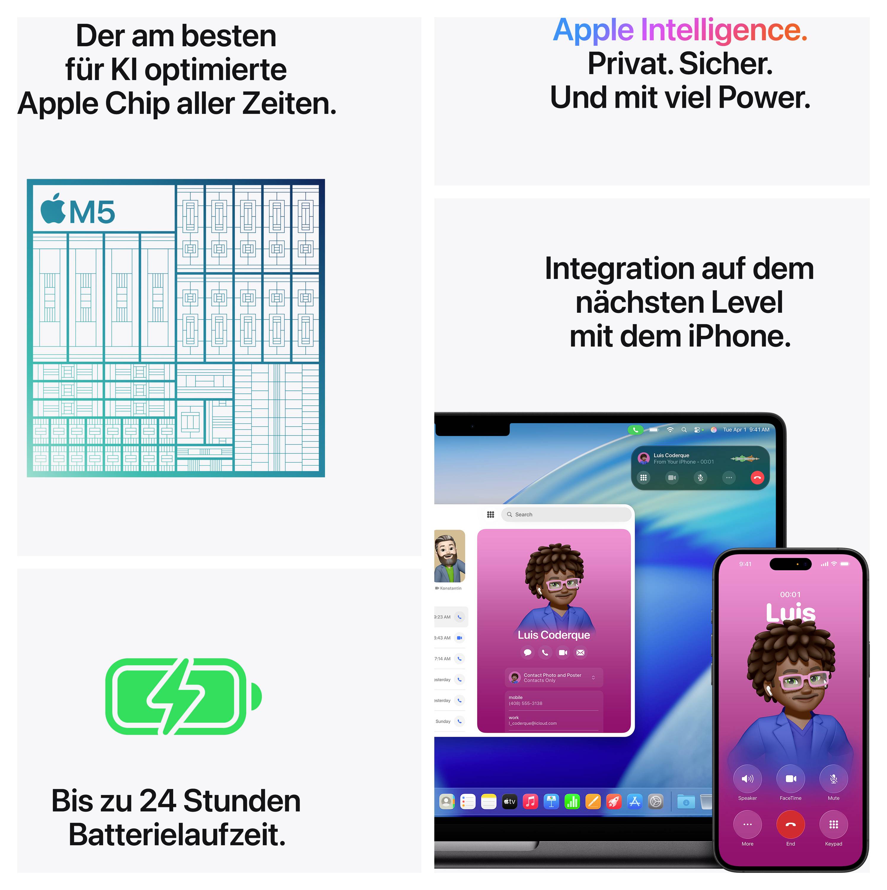 'Entwickelt für die fortschrittlichsten KI Apps.' 'Apple Intelligence. Privat. Sicher. Und mit viel Power.' 'Integration auf dem nächsten Level mit dem iPhone.' 'Bis zu 22 Stunden Batterielaufzeit.'