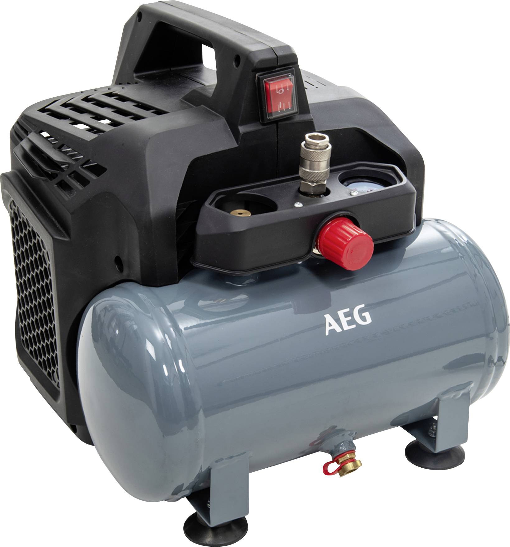 Ein kompakter, tragbarer Luftkompressor mit einem Metalltank, einem Druckmanometer, einem roten Einstellknopf und einem Ein-/Ausschalter im oberen Bereich.