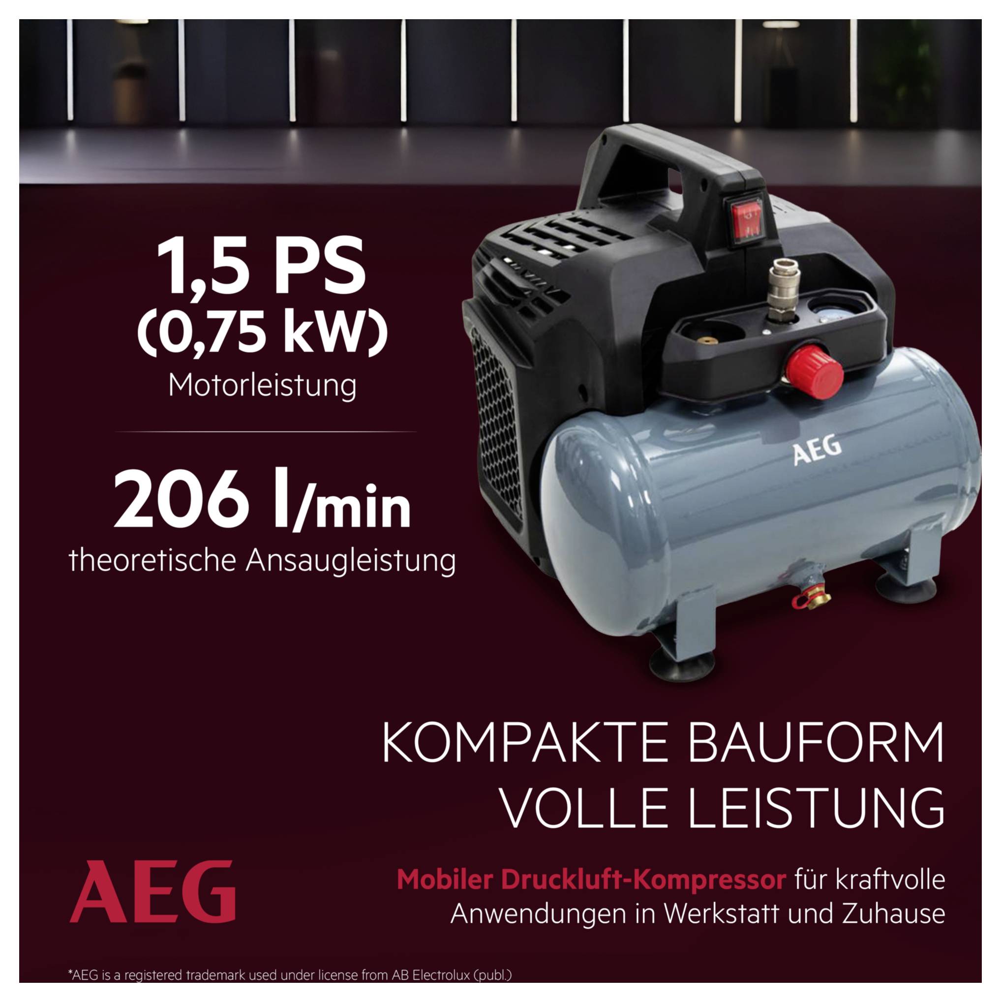 Mobiler Druckluft-Kompressor von AEG mit 1,5 PS Leistung, 206 l/min Ansaugleistung. Ideal für Werkstatt und Zuhause.