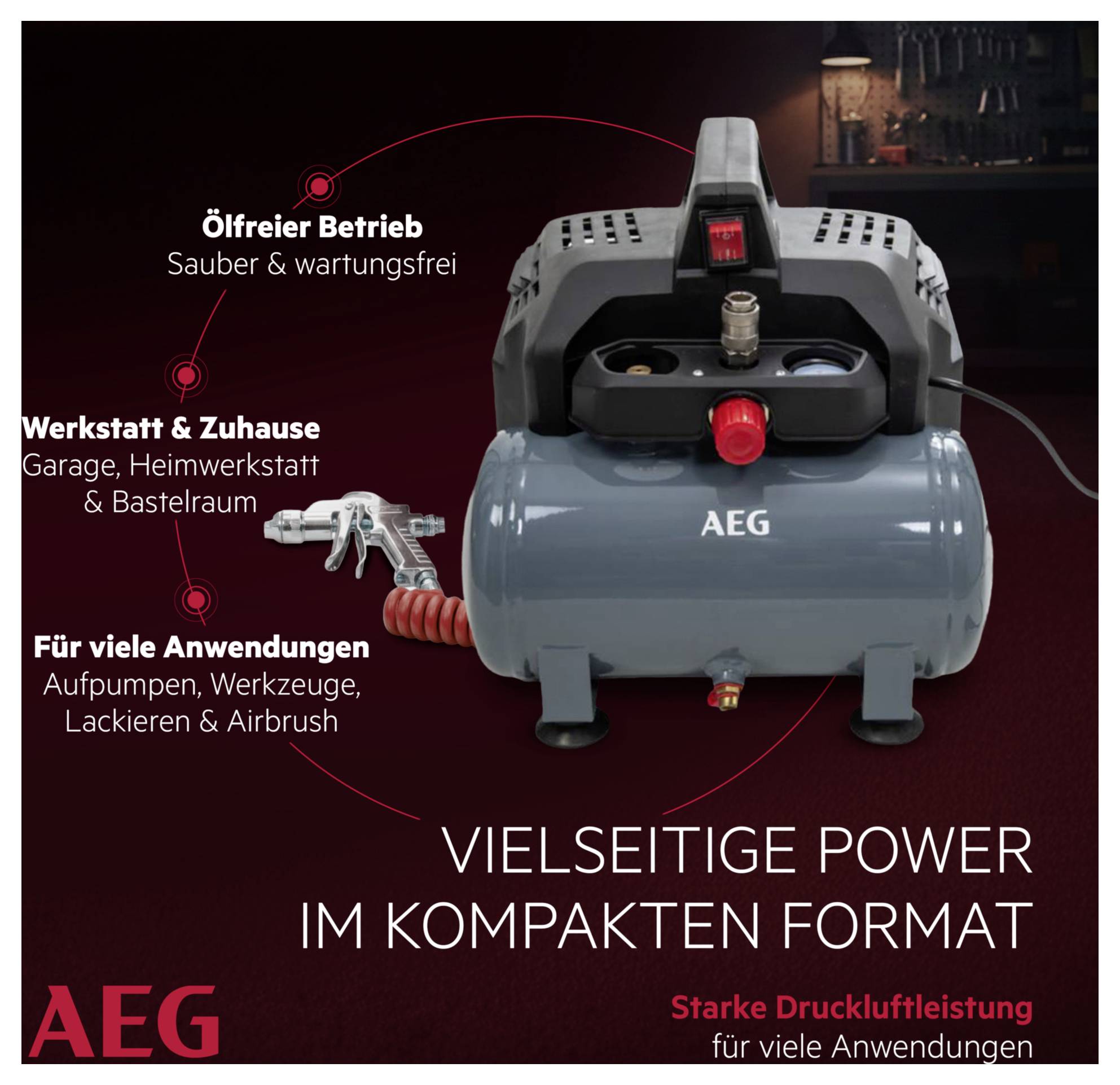 Kompakter AEG-Kompressor für vielseitige Anwendungen, ölfreier Betrieb, ideal für Werkstatt und Zuhause. Hohe Druckleistung.
