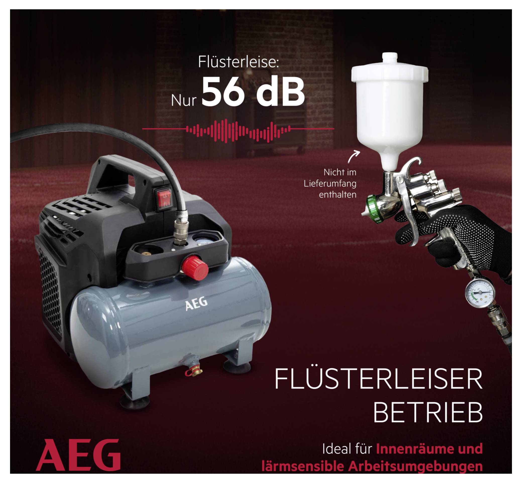 AEG Kompressor mit flüsterleisem Betrieb von nur 56 dB. Nicht im Lieferumfang: Spritzpistole. Ideal für Innenräume und lärmempfindliche Arbeitsumgebungen.