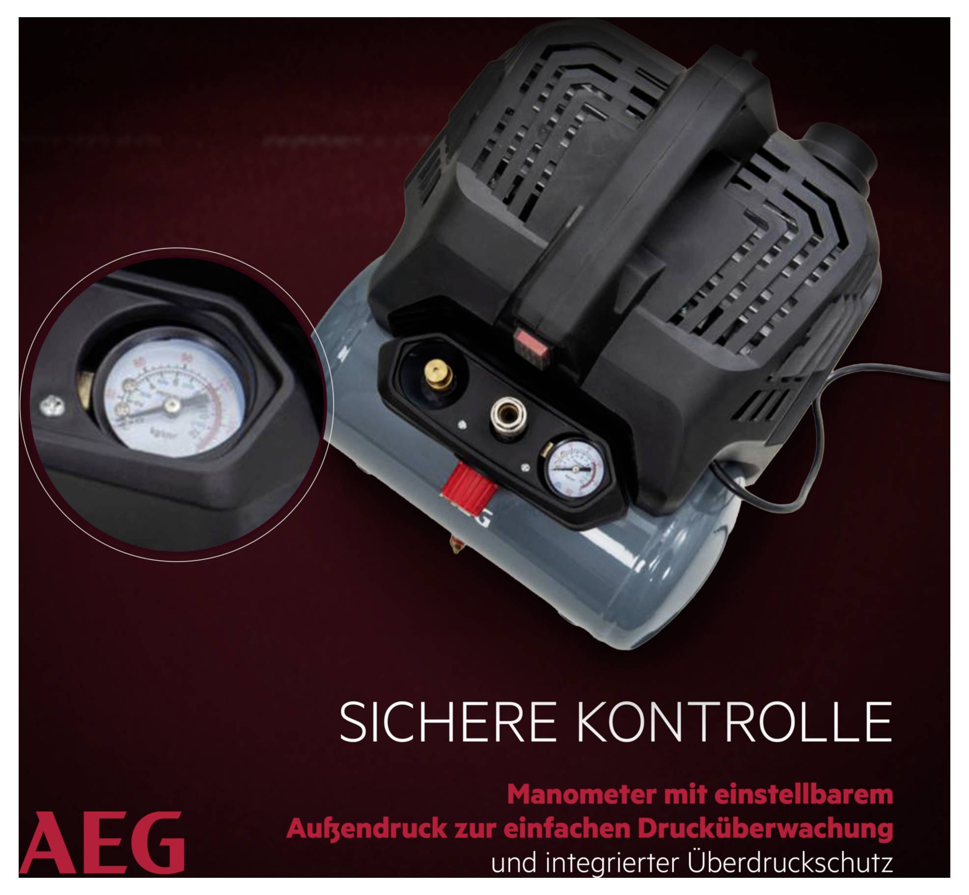 Druckluftkompressor mit Manometer, roter Griff und schwarzem Schutz. Text: SICHERE KONTROLLE, beschreibt Drucküberwachung.