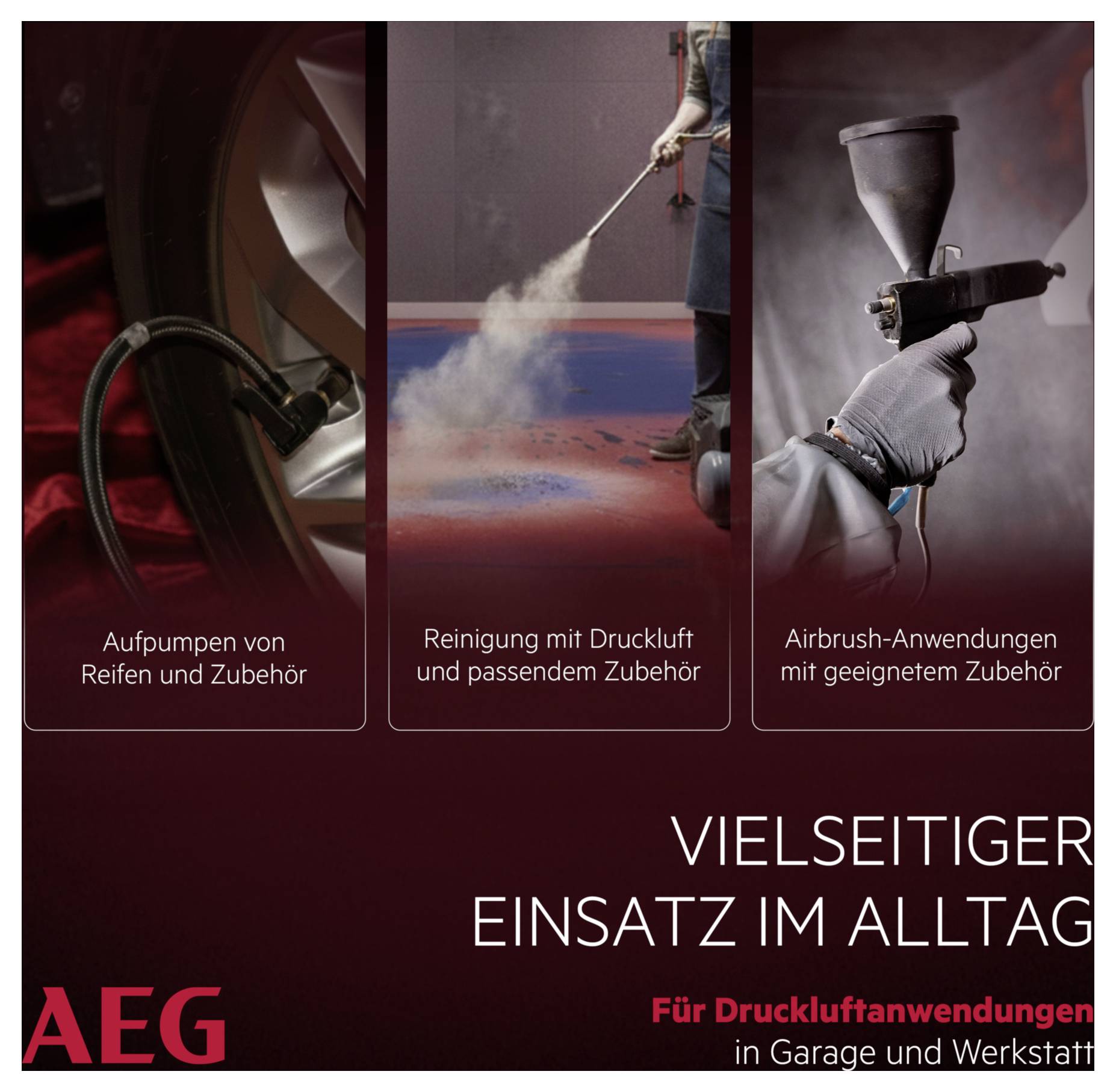 Vielseitiger Einsatz im Alltag: Aufpumpen von Reifen, Reinigung mit Druckluft, Airbrush-Anwendungen. In Garage und Werkstatt.