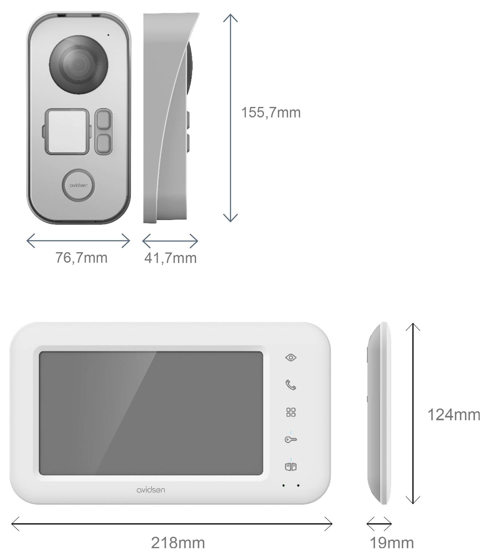 Abmessungen der Video-Türklingel und des Monitors. Türklingel: 76,7 mm breit, 41,7 mm tief, 155,7 mm hoch. Monitor: 218 mm breit, 19 mm tief, 124 mm hoch.