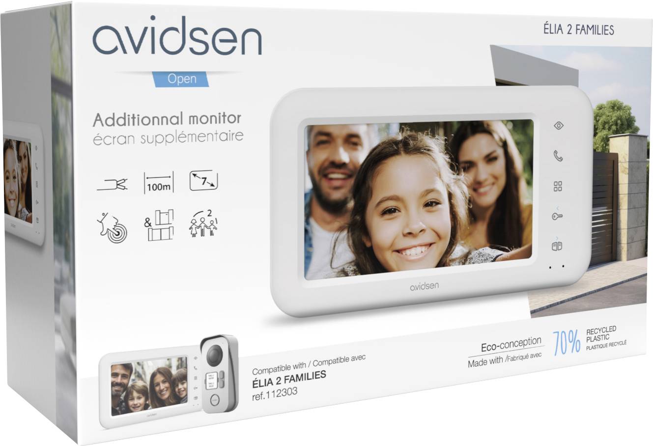 'Avidsen Zusatzmonitor' Verpackungskarton mit einem Bildschirm, auf dem eine lächelnde Familie zu sehen ist. Die Funktionen umfassen eine Reichweite von 100 m und ein 7-Zoll-Display.