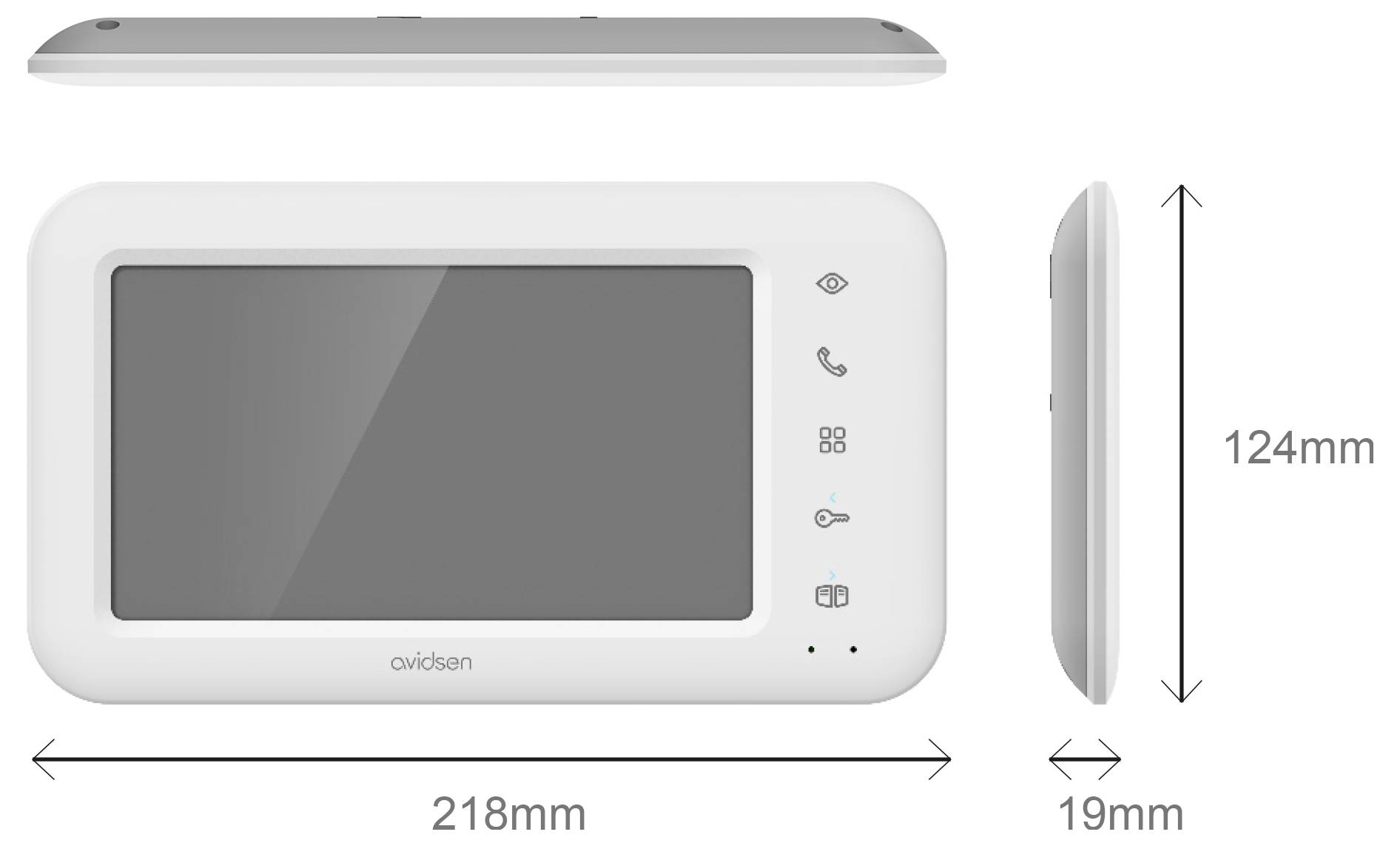Video-Türsprechanlage mit 7-Zoll-Bildschirm in Vorder- und Seitenansicht. Abmessungen: 218 mm breit, 124 mm hoch, 19 mm dick.