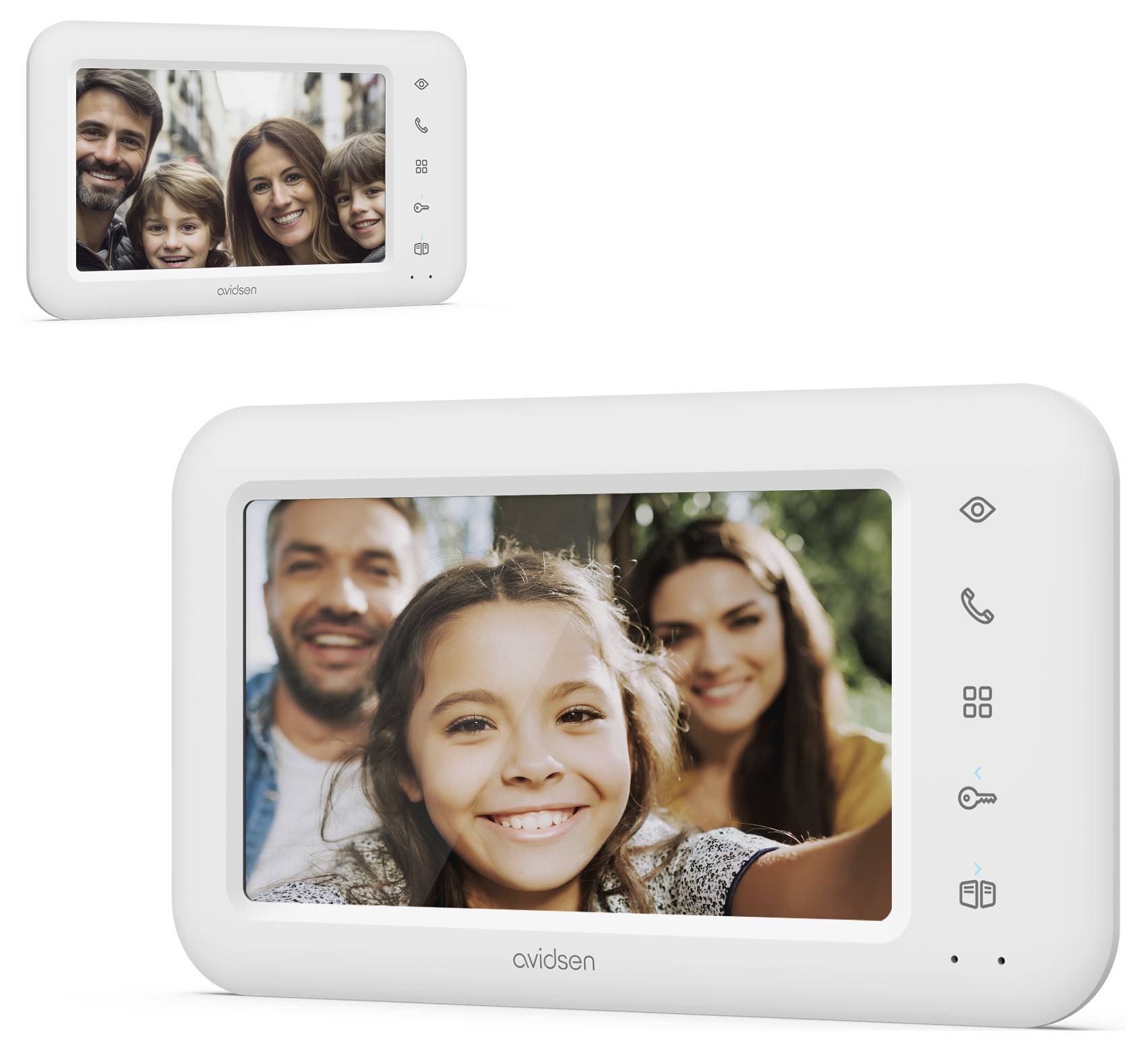 Ein Videosprechanlage-Bildschirm zeigt eine lächelnde Familie. Das Gerät hat Tasten für Anruf-, Sperr- und Kamerafunktionen.