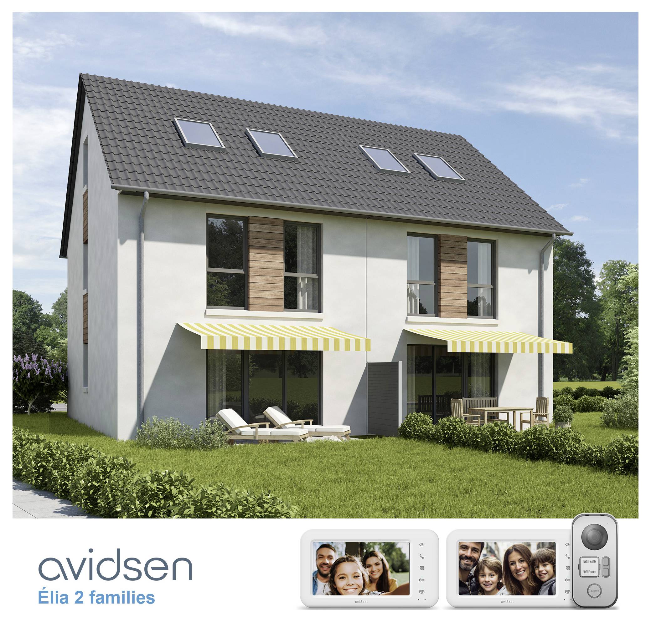 Zweifamilienhaus im modernen Stil mit grauem Dach und gestreiften Markisen über Terrassen. Beinhaltet Bilder eines Gegensprechsystems mit Bildschirmen, die lächelnde Gesichter anzeigen.