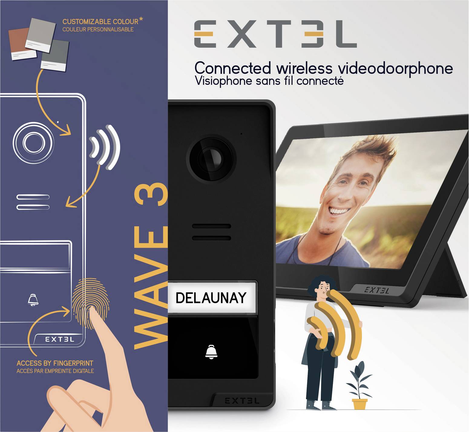 EXTEL WAVE 3 Wireless-Video-Türsprechanlage Verpackung. Funktionen: anpassbare Farbe, Fingerabdruckzugang, Abbildung des Geräts und des Bildschirms.