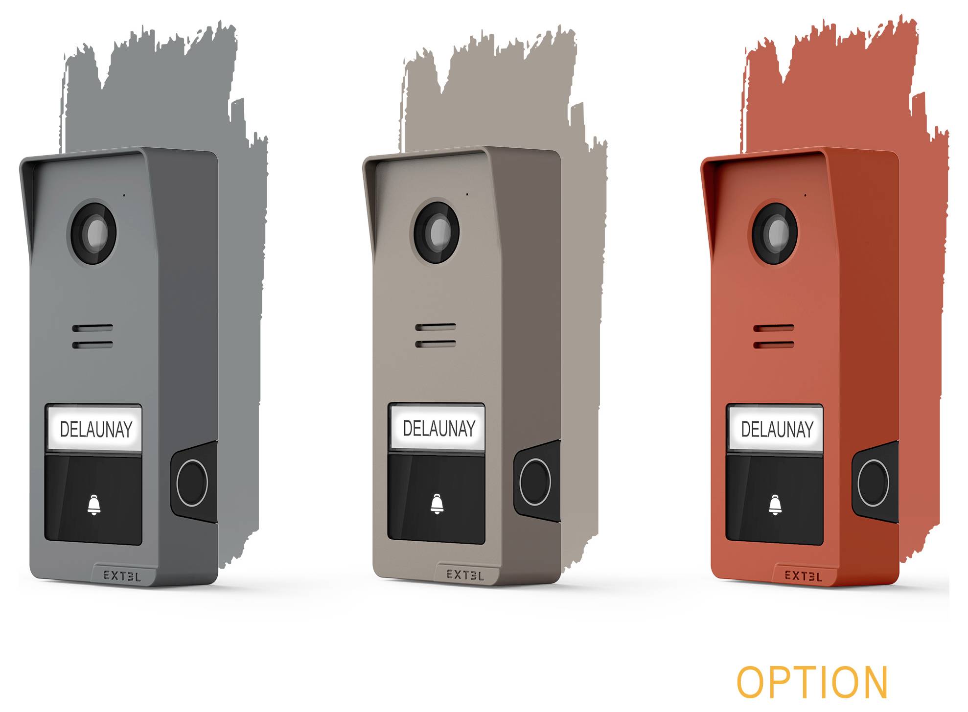 Drei Türklingel-Kameras in verschiedenen Farben: grau, braun und rot. Jede hat ein rundes Kameraobjektiv, einen Lautsprecherslot, ein Namensschild mit der Aufschrift „DELAUNAY