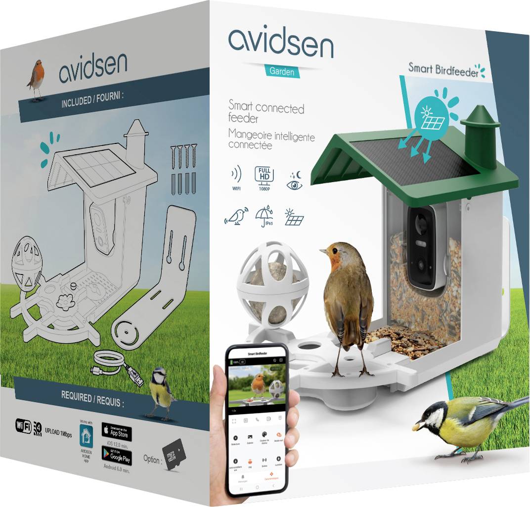 Intelligentes Vogelfutterhaus-Paket zeigt Produktdesign, Smartphone-Integrationsfunktion und Vogelillustrationen.