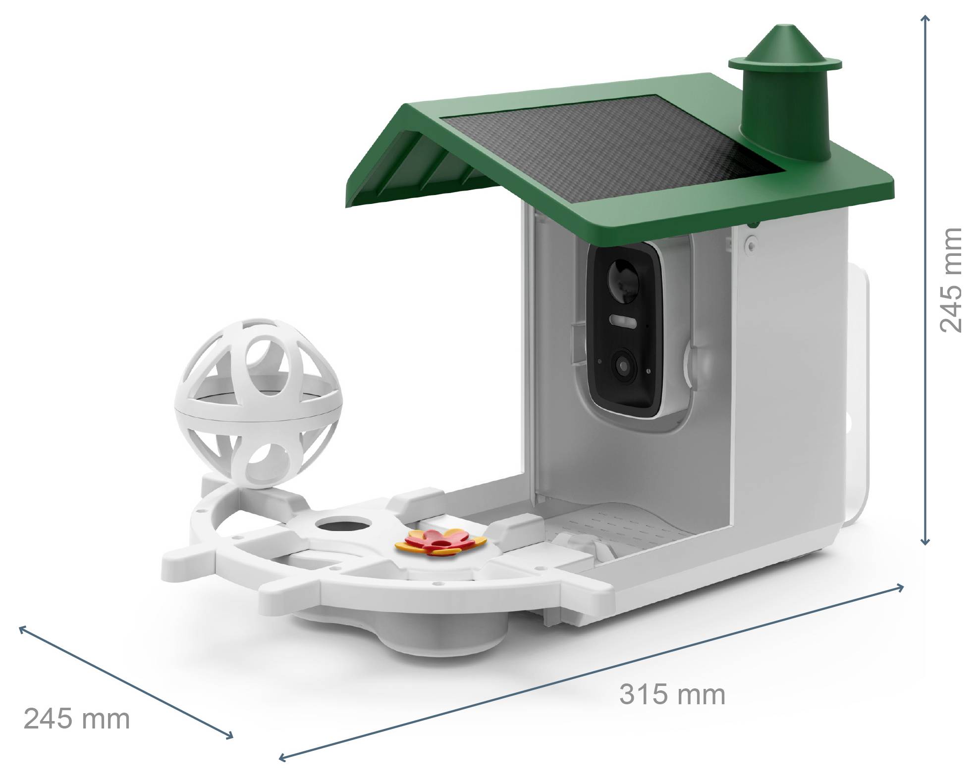 Eine Katzenfütterungsstation mit Kamera und Solarpaneldach, mit einer Länge von 315 mm und einer Breite sowie Höhe von jeweils 245 mm.