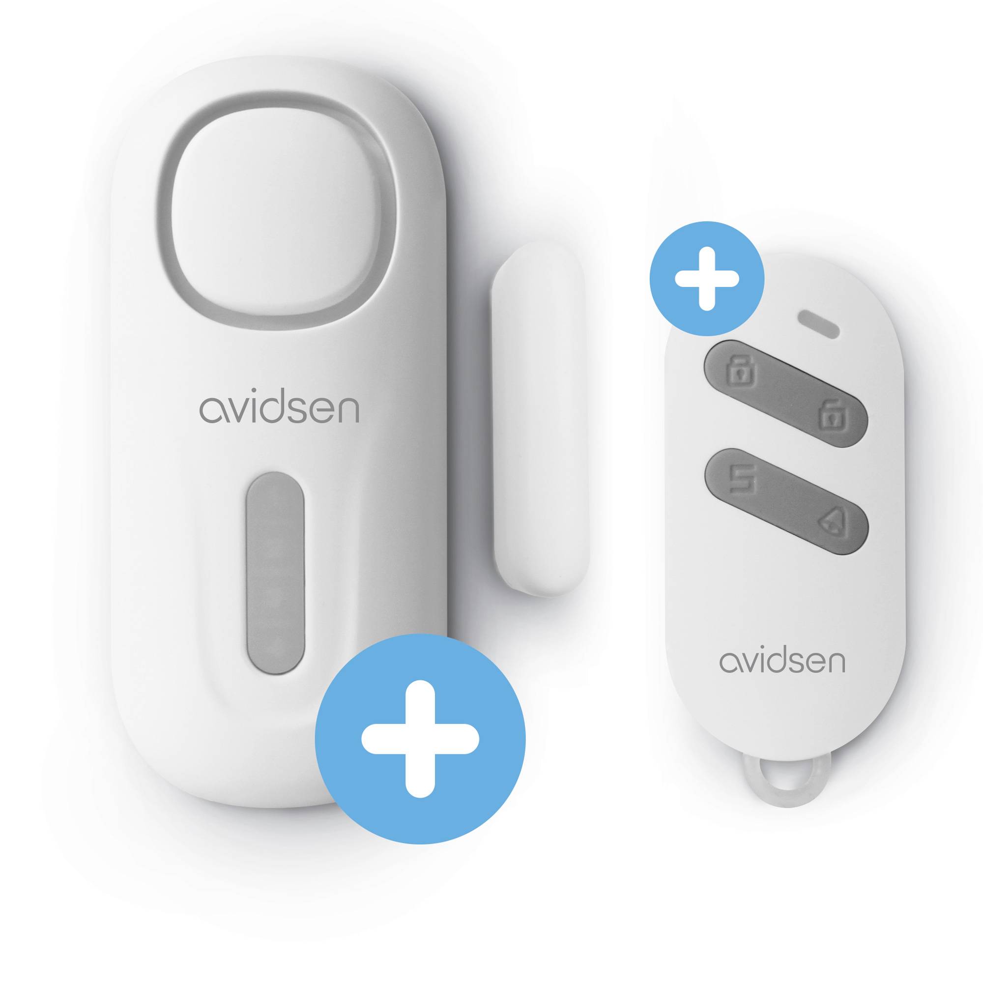 Avidsen Smart-Home-Sicherheitssystem mit einem Türsensor und einer Fernbedienung mit beschrifteten Tasten für einfache Bedienung.